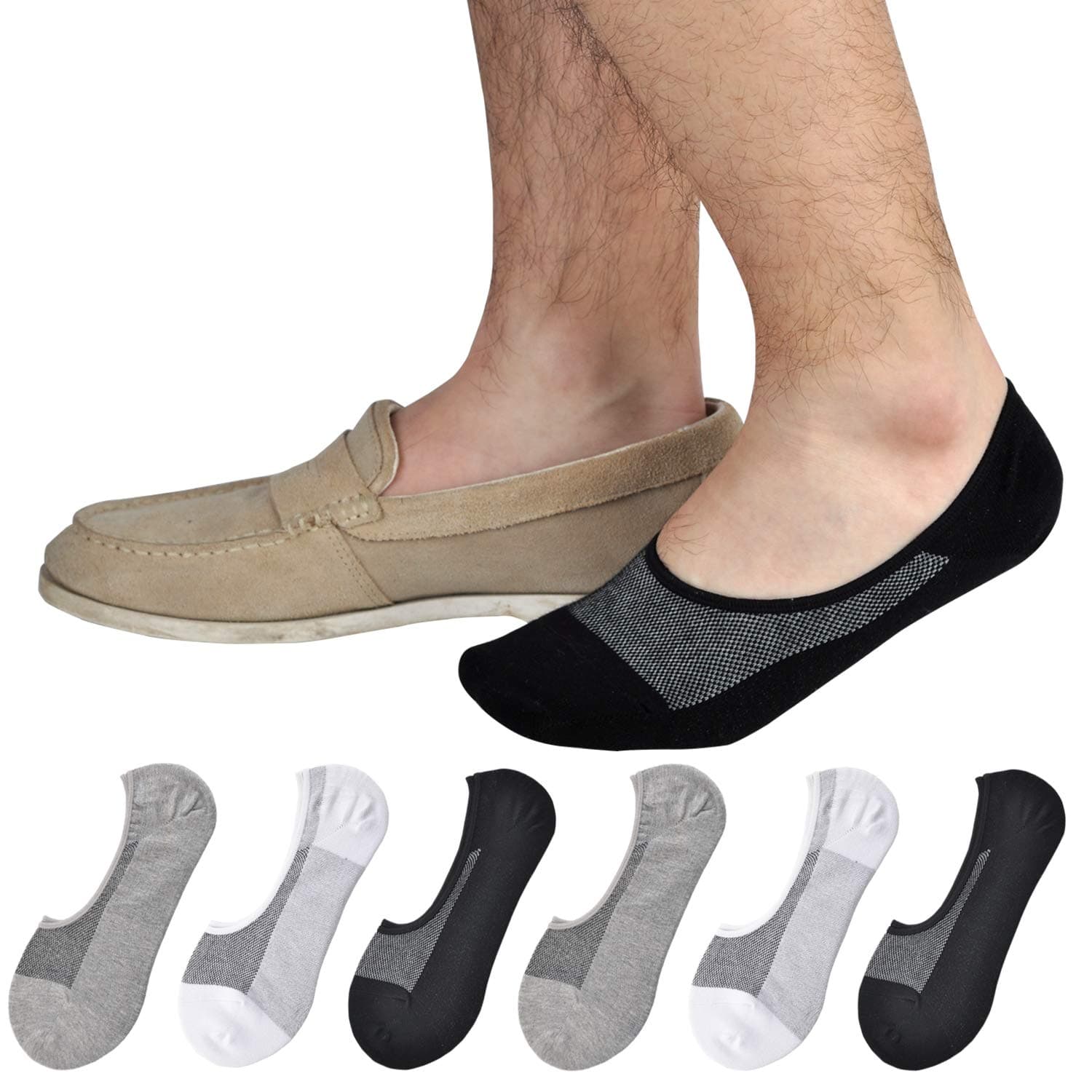 6 Pairs No Show loafer Socks Mens Cotton Sports Trainer Socks Women With Non Slip Grips