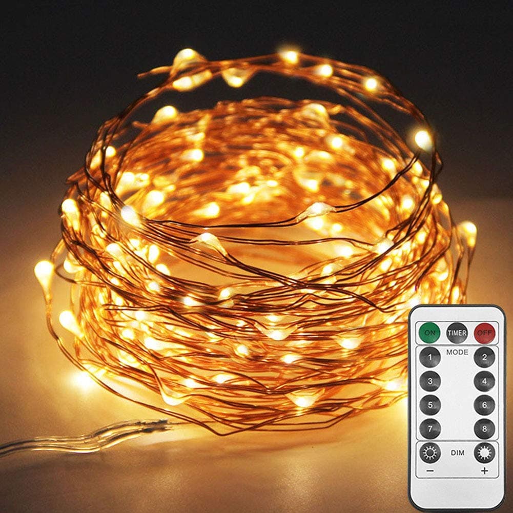 Twinkle Star 33ft 100LED Copper Wire String Lights Fairy String Lights 8 Modes USB Powered with Remote Control for Wedding Party Home Christmas Decoration, Warm White