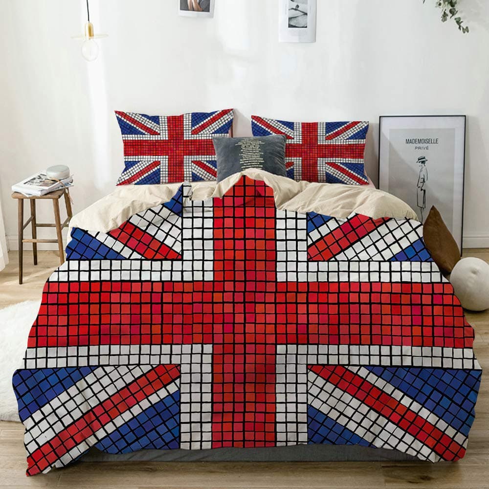 JOSENI Duvet Cover Set Union Jack Mosaic British Flag Beige Decorative 3 Piece Bedding Set with 2 Pillow Shams Queen Size