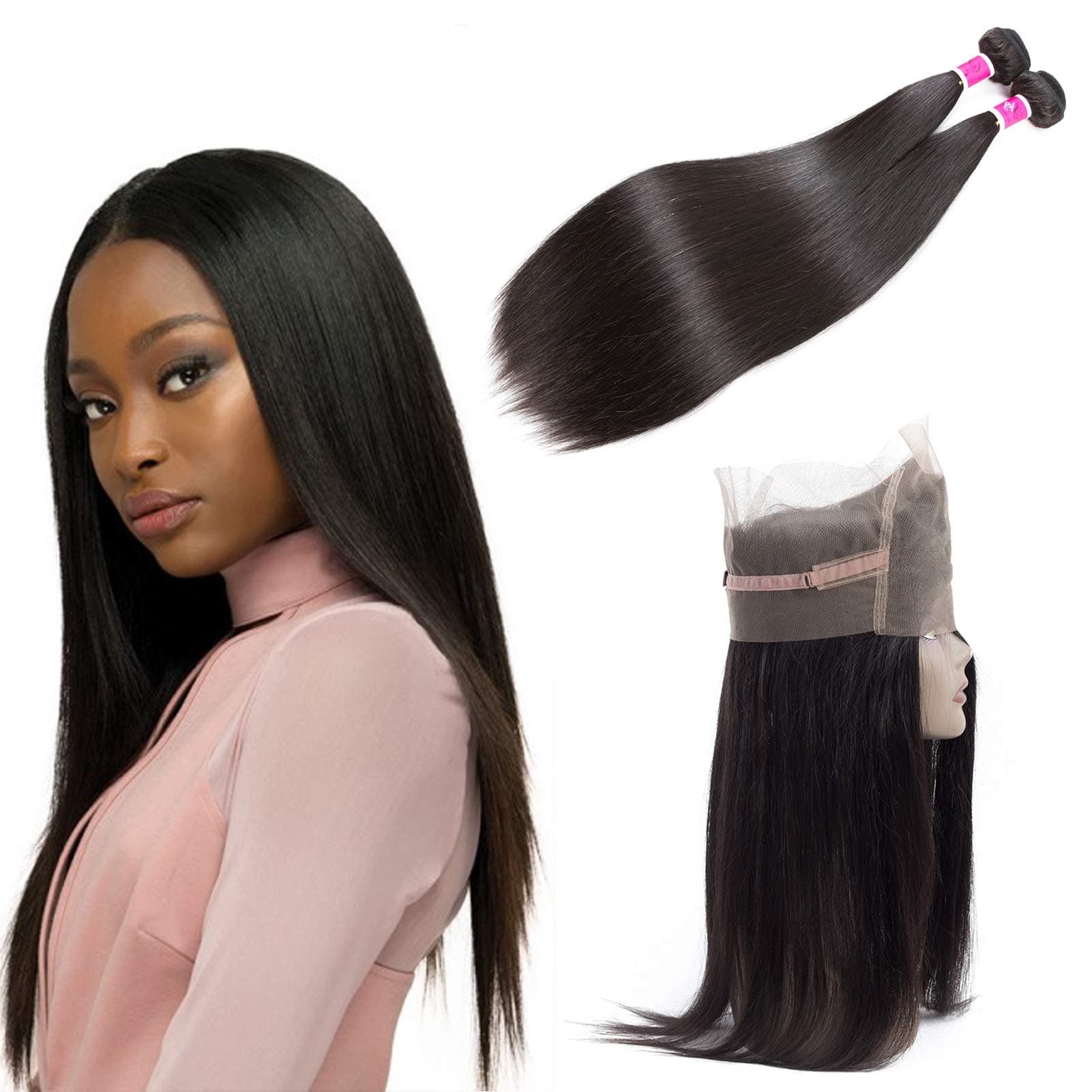 SKYDO 360 Lace Frontal Closure With Bundles Straight Unprocessed Brazilian Straight Hair 2 Bundles with 360 Lace Closure Human Hair Weave Bundles Natural Black (16 18 + 14)