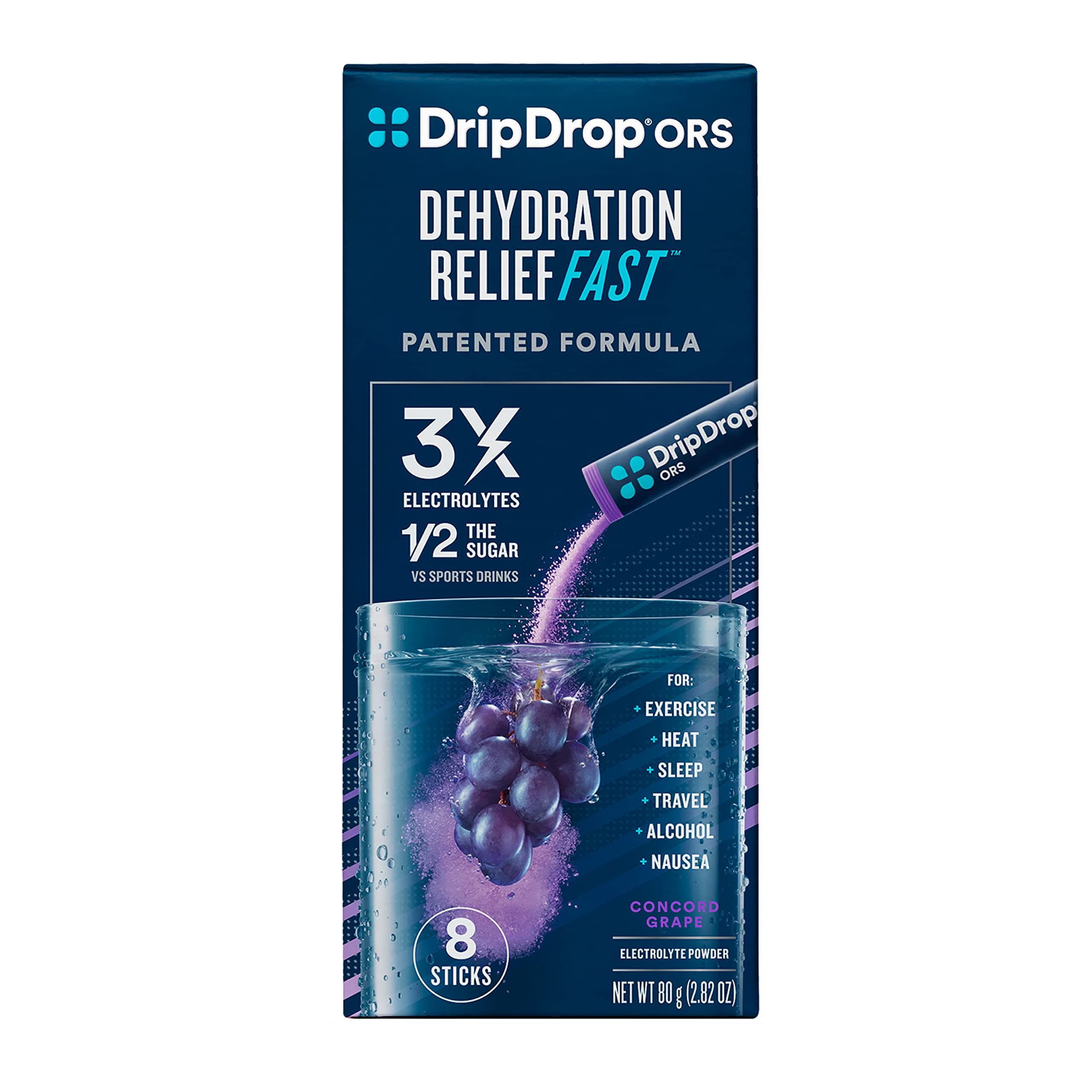 DripDrop, ORS Electrolyte Powder for Fast Dehydration Relief - Concord Grape, 8 Count