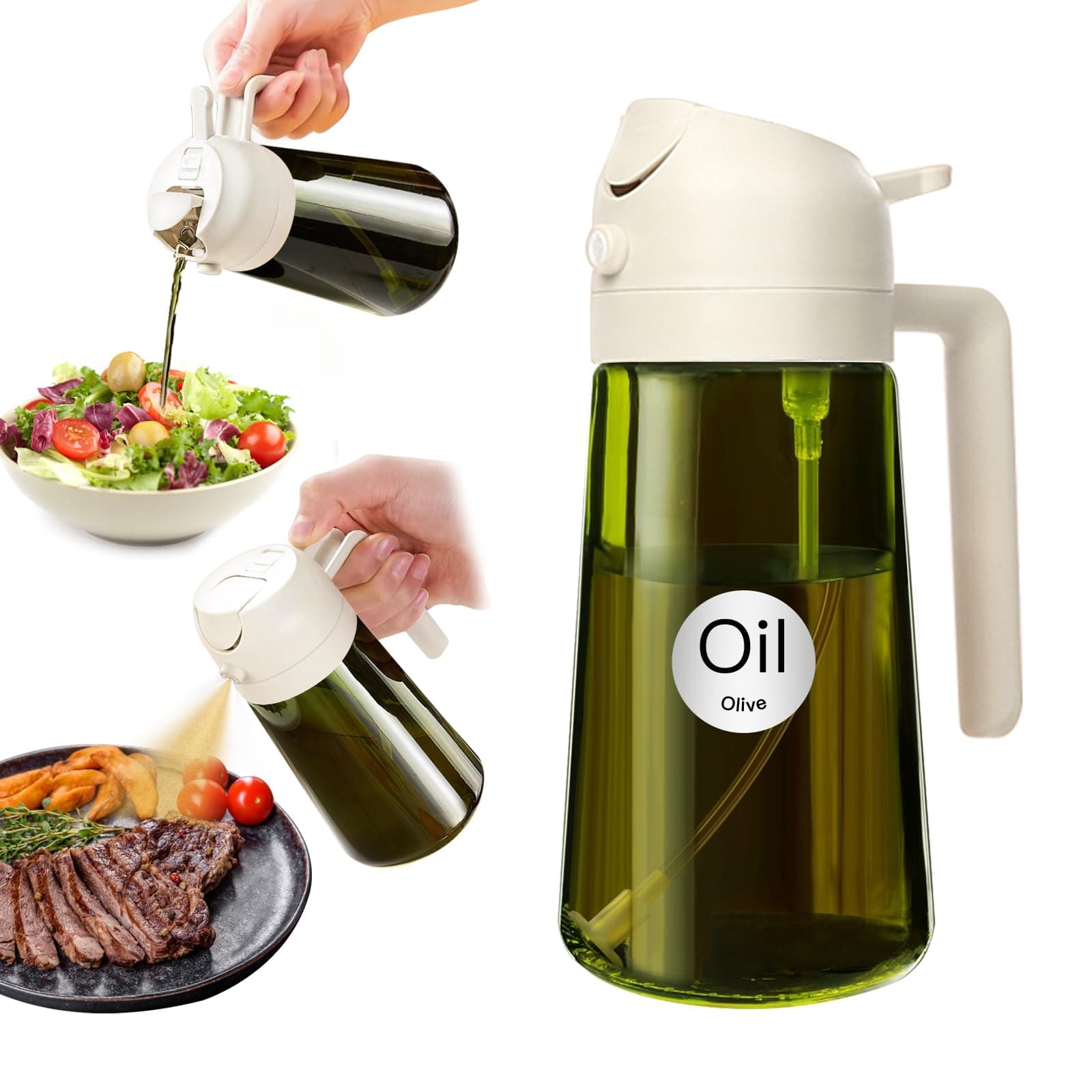 YARRAMATE 16oz/470ml 2 in 1 Oil Sprayer for Cooking with Stickers, Dark Green Food-Grade Olive Oil Dispenser Bottle for Kitchen, Air Fryer, Grill - Light Blockage(White)