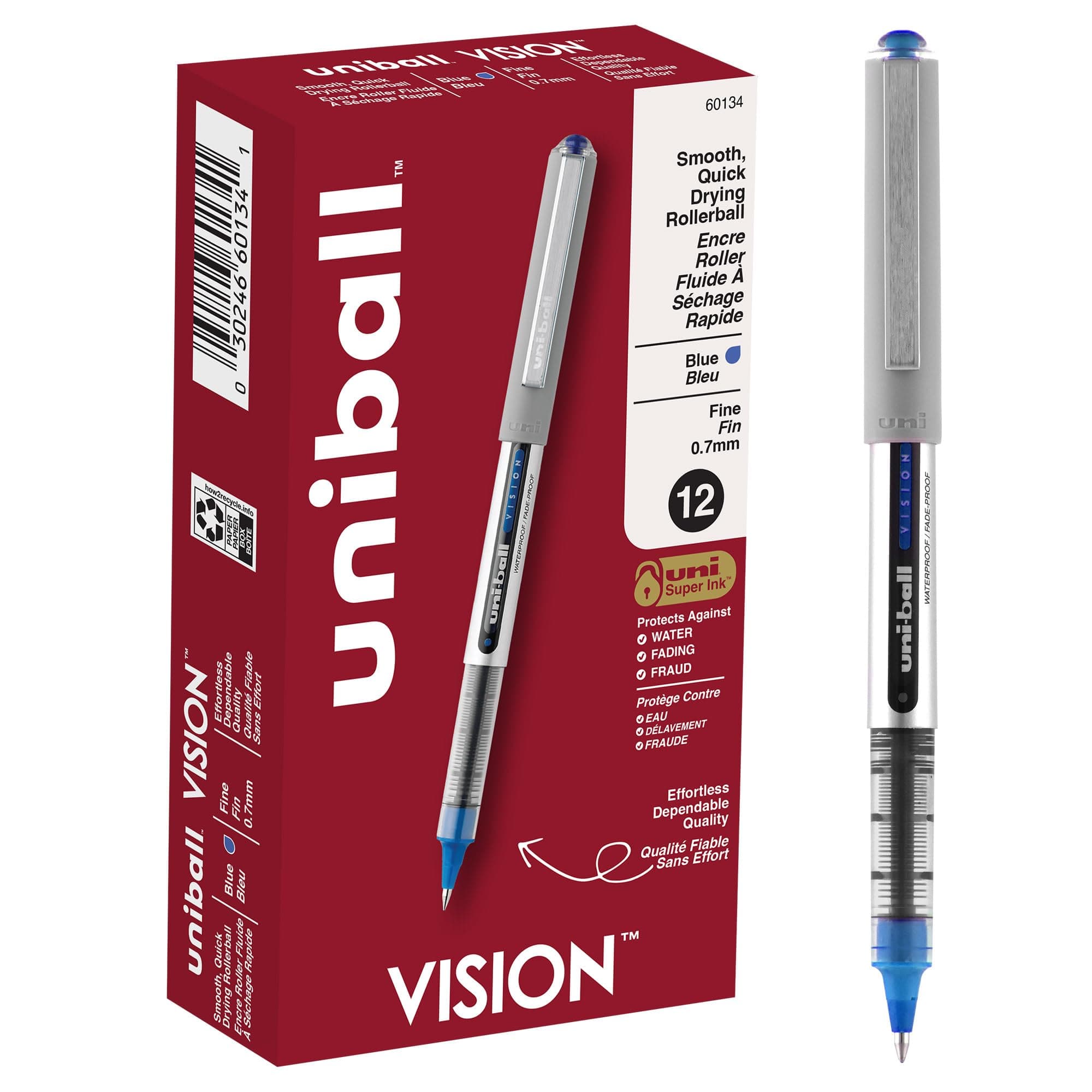 uniball Vision Rollerball Pens with 0.7mm Fine Point, Blue, 12 Count