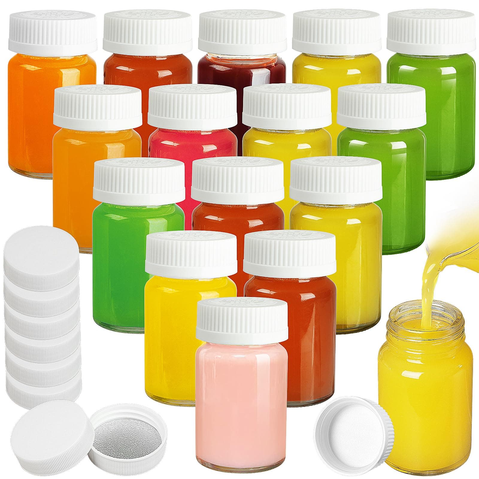 Syntic 16 Pack Wide Mouth Juice Shot Bottles with 16 Sealed Press Screw Caps & 8 Airtight Lids! 2.5 Oz Small Glass Ginger Shots Bottles for Oil, Ginger, Travel Bottle, Reusable and Dishwasher Safe