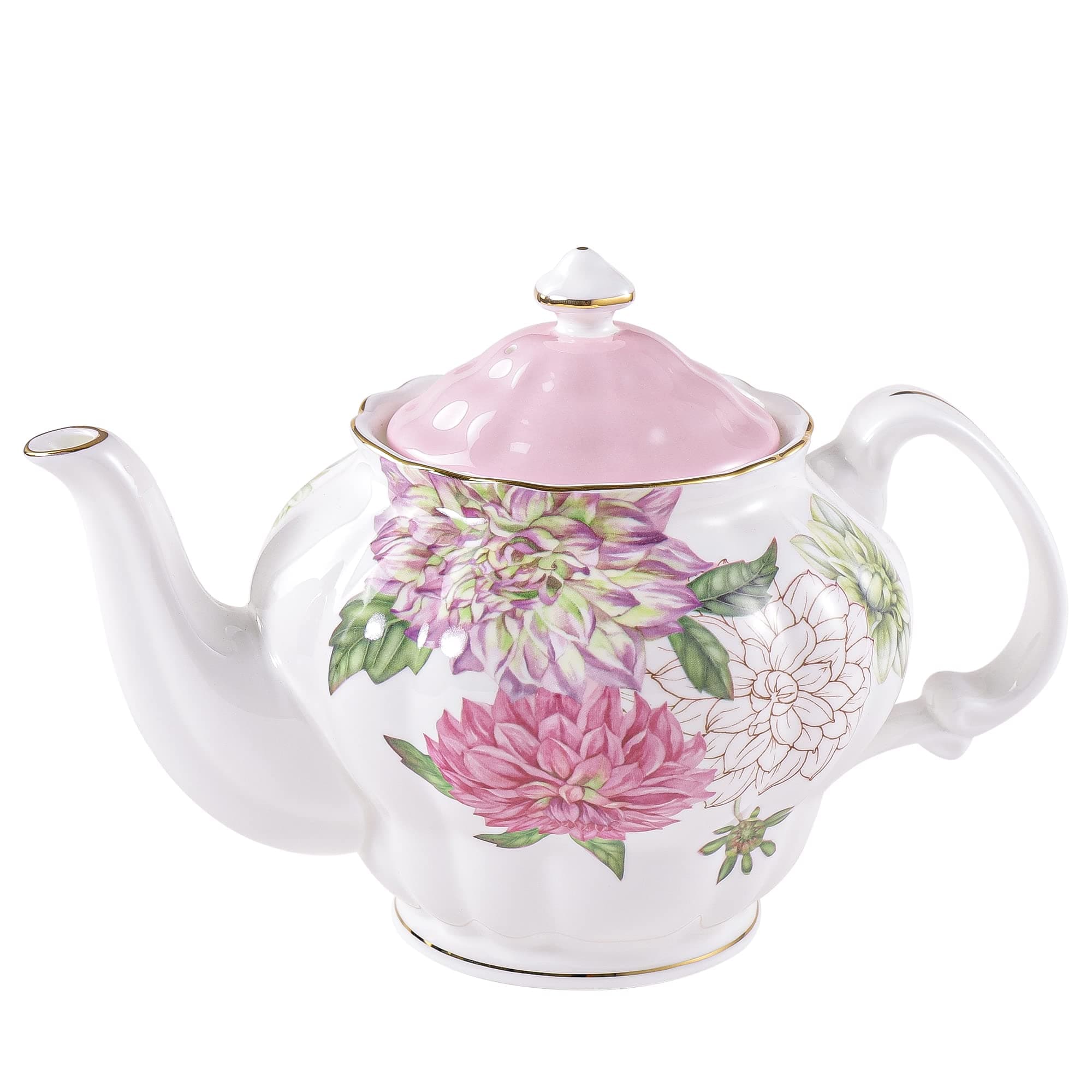 PULCHRITUDIEBone China Teapot, English Teaset, Dahlia Floral Design with Golden Rim, 37 Oz