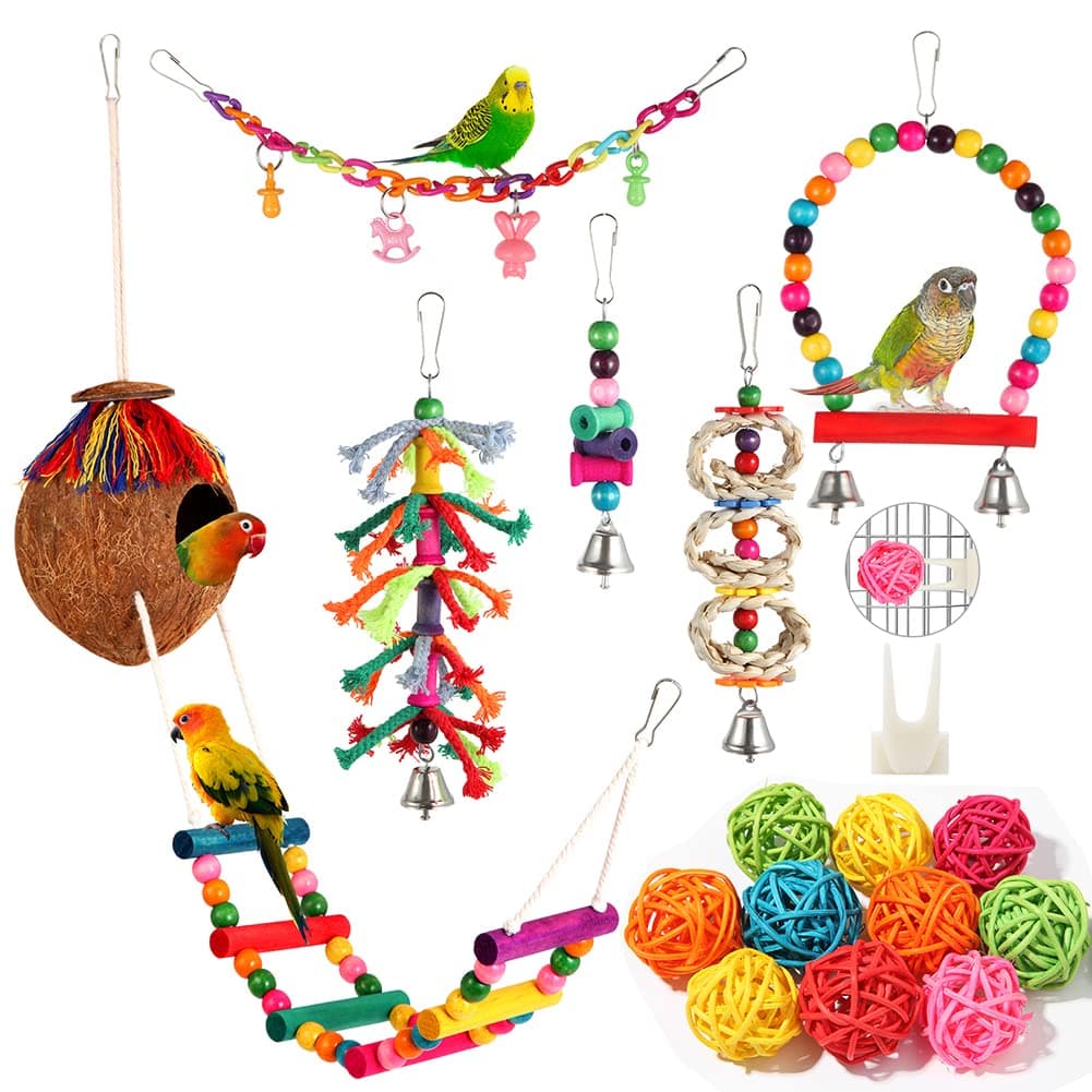 Parakeet Bird Parrot Toys Colorful Swing Chewing Hanging Toys with Bells Climbing Ladder Coconut Bird Cage for Small Cockatiels,Conures,Finches,Budgie,Macaws,Love Birds (PET-ONLY USE)