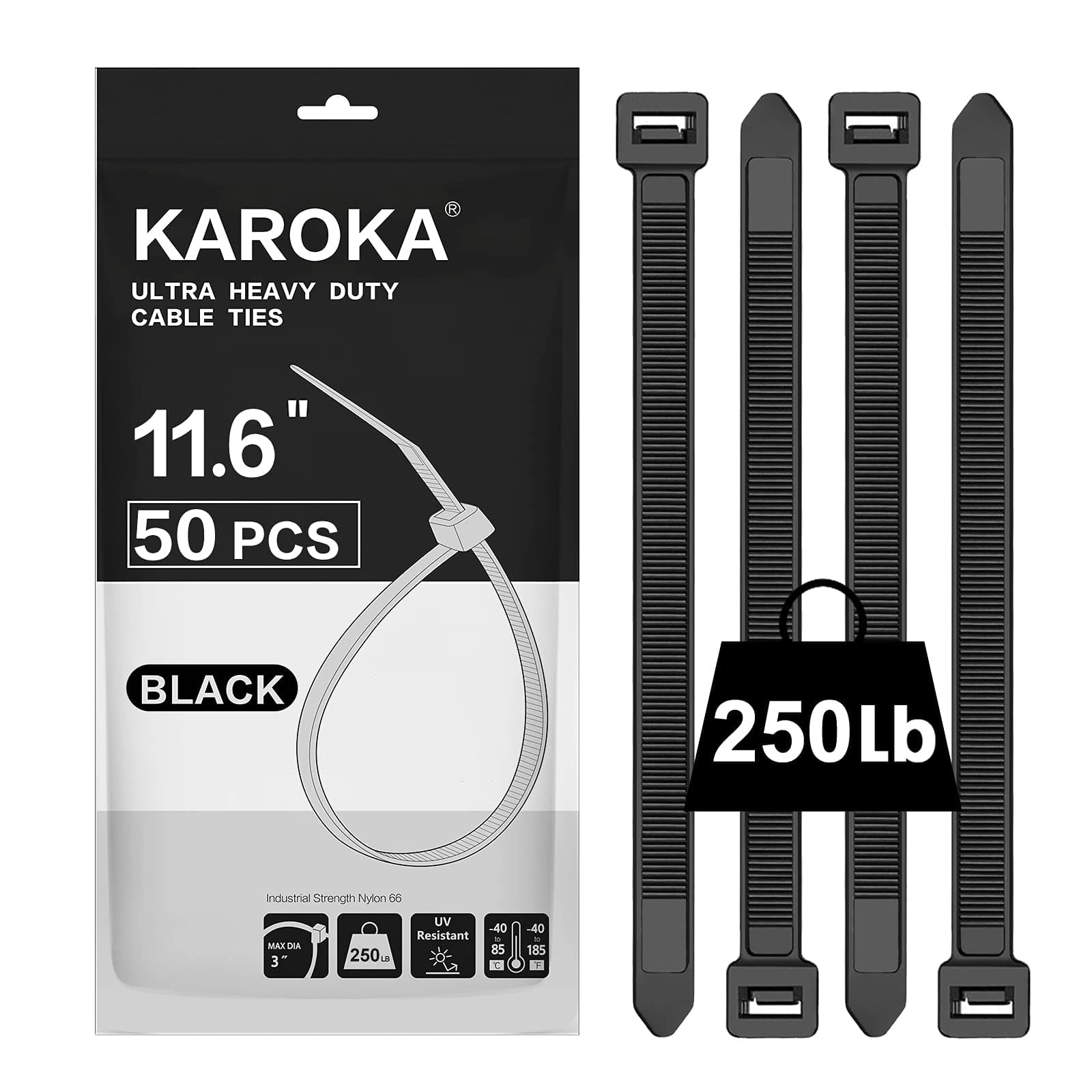 Industrial Zip Ties Heavy Duty with 250 lbs Tensile Strength, 11.6 inch, Electrical Cable Ties Heavy Duty, 50 Pieces, Wide and Thick Zip Ties, by Karoka