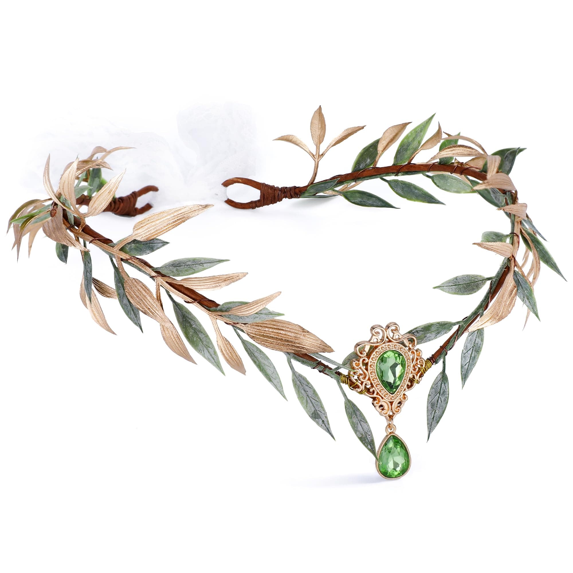 Fairy Leaf Rhinestone Headband - Handmade Elf Princess Headpiece Forest Wedding Flower Crown for Women Girls Reneaissance Halloween Cosplay Costume Hair Accessories Photo Props, Green & Gold
