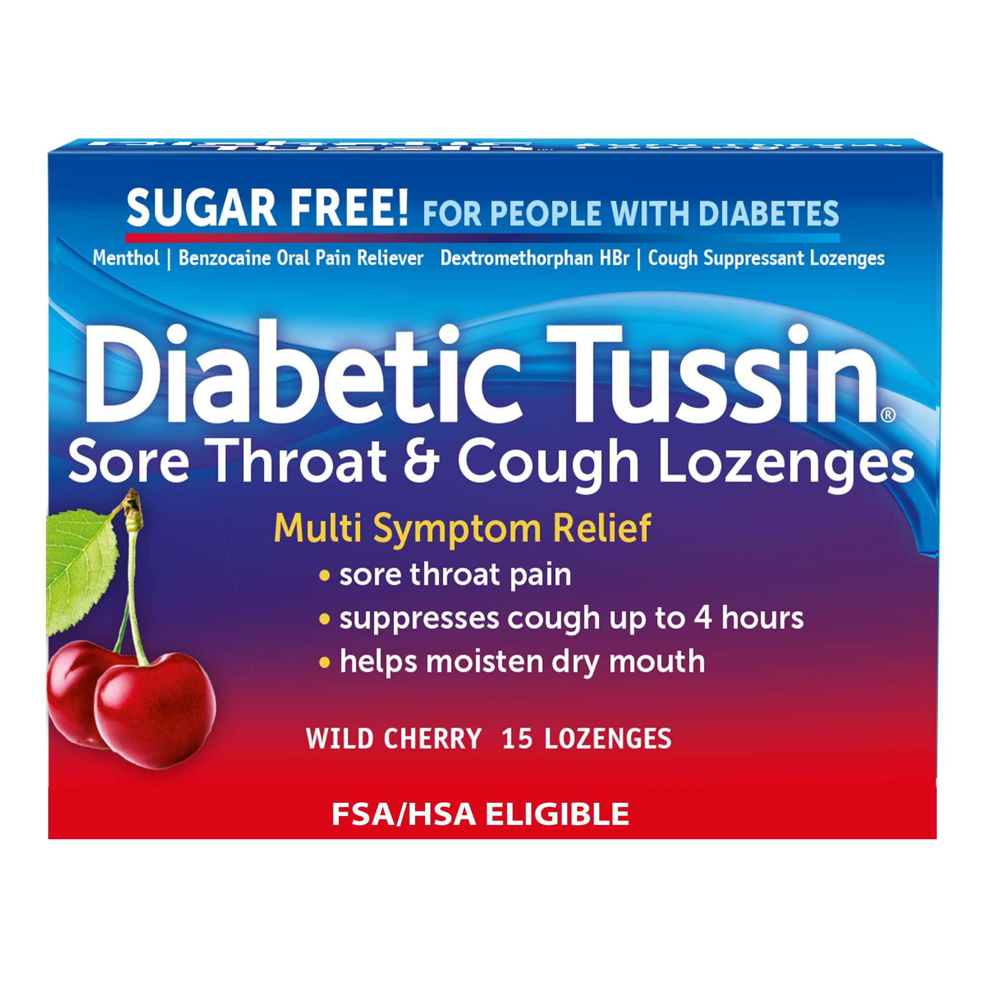 Sugar Free Sore Throat & Cough Drops, Wild Cherry, 15 Count, Sodium-Free Lozenges with Soothing Liquid Center