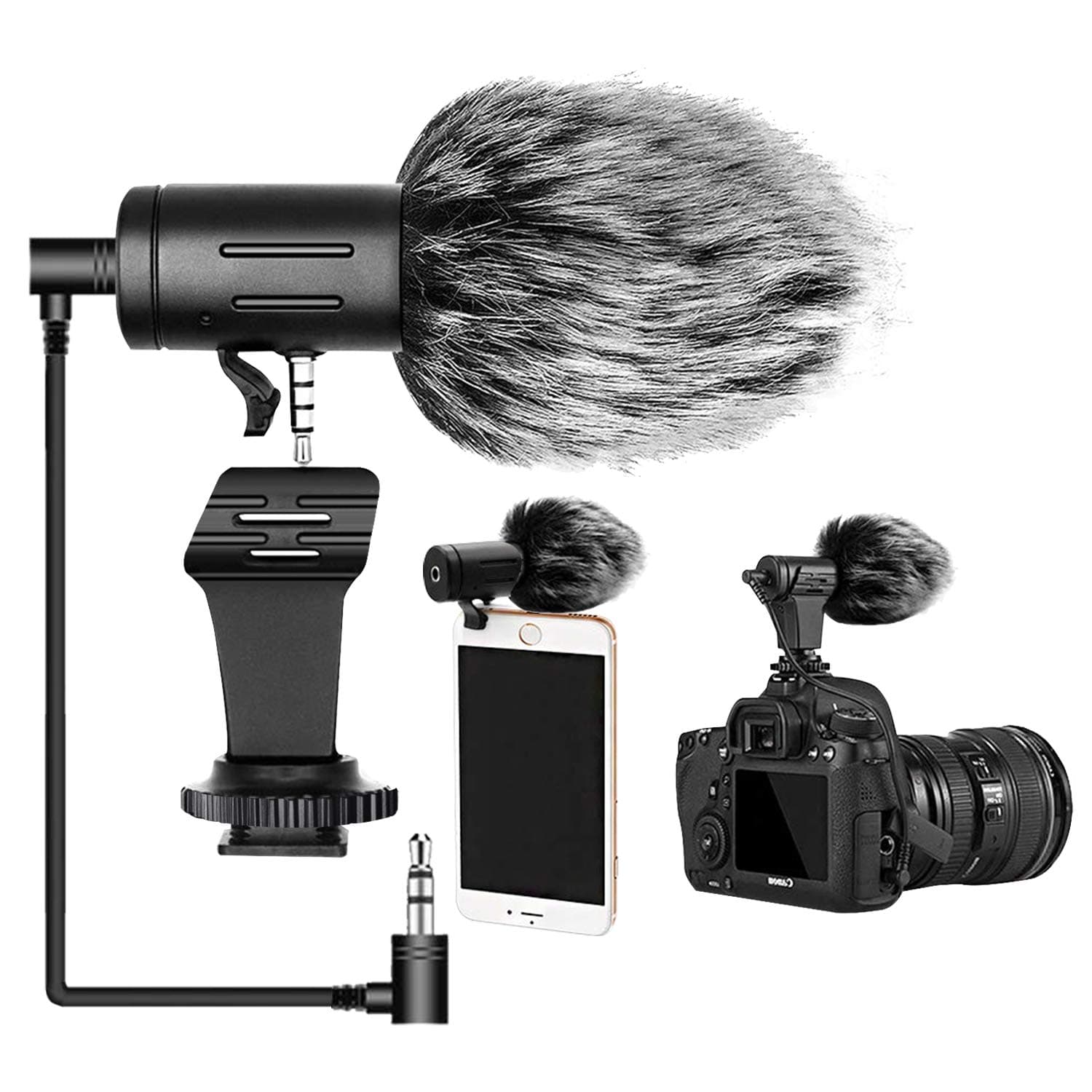 Phone Microphone and Video Microphone, Super-Cardioid Camera Microphone with Deadcat Windscreen and Earphone Monitor Hole Works with iPhone/Andoid/Smartphones/Camera