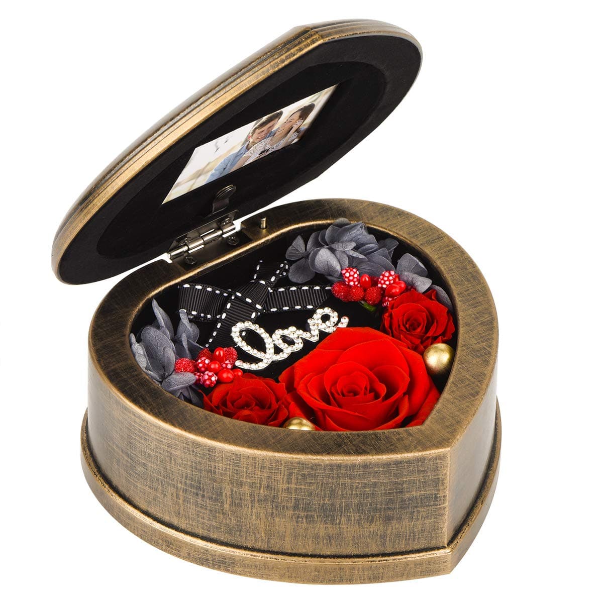 Handmade Preserved Flowers 3 Real Red Rose in Musical Box with Photo Frame, Long Lasting Fresh Flower Gifts for Wife Her Girlfriend on Valentine's Day Anniversary Birthday Red