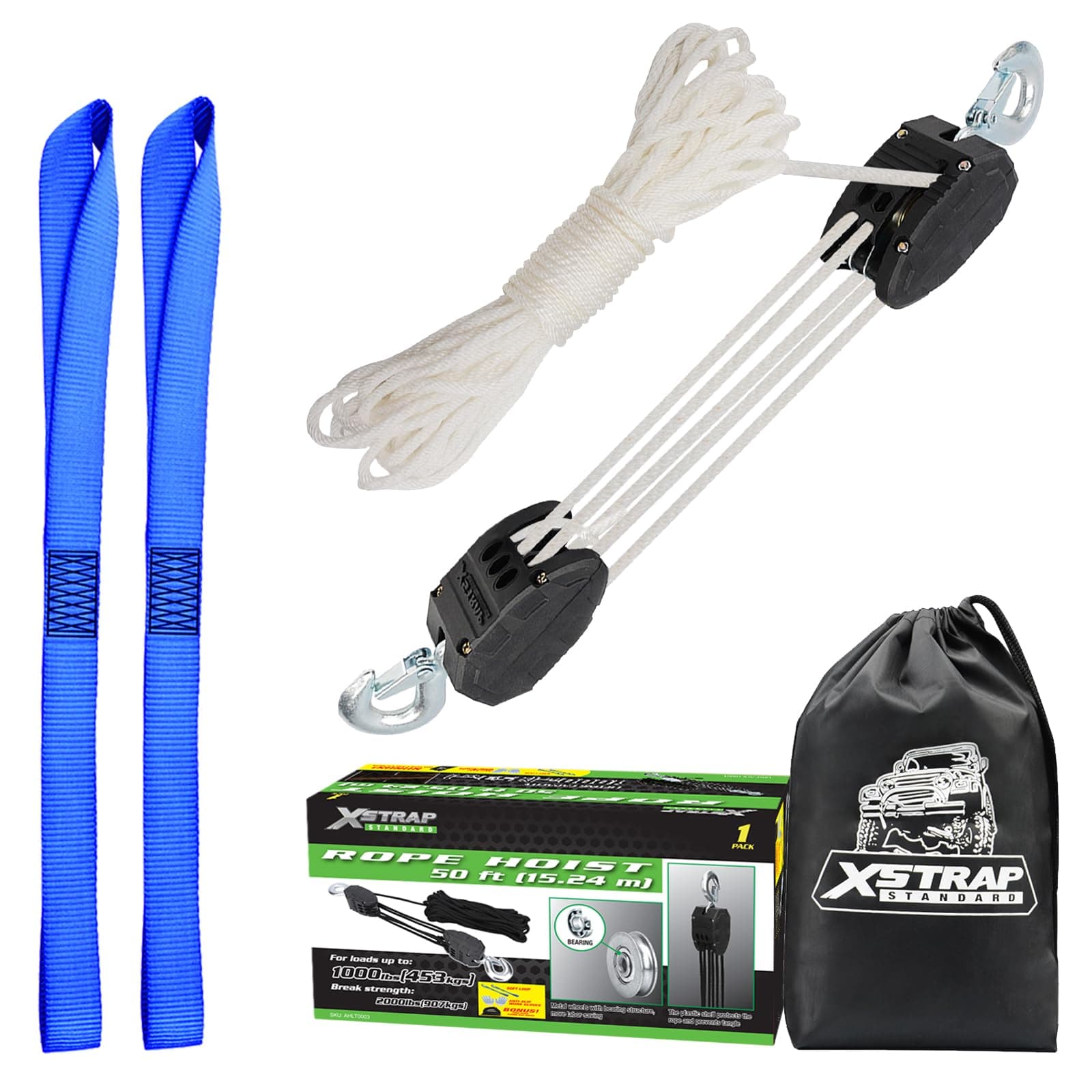 XSTRAP STANDARD Heavy-Duty 2,000LB 50 Feet Reflective Rope Hoist Pulley 1 Ton Wheel Block and Tackle System 5:1 Ratio Lifting Power with 2PK 18 Inch Soft Loop (Upgraded 50ft White)