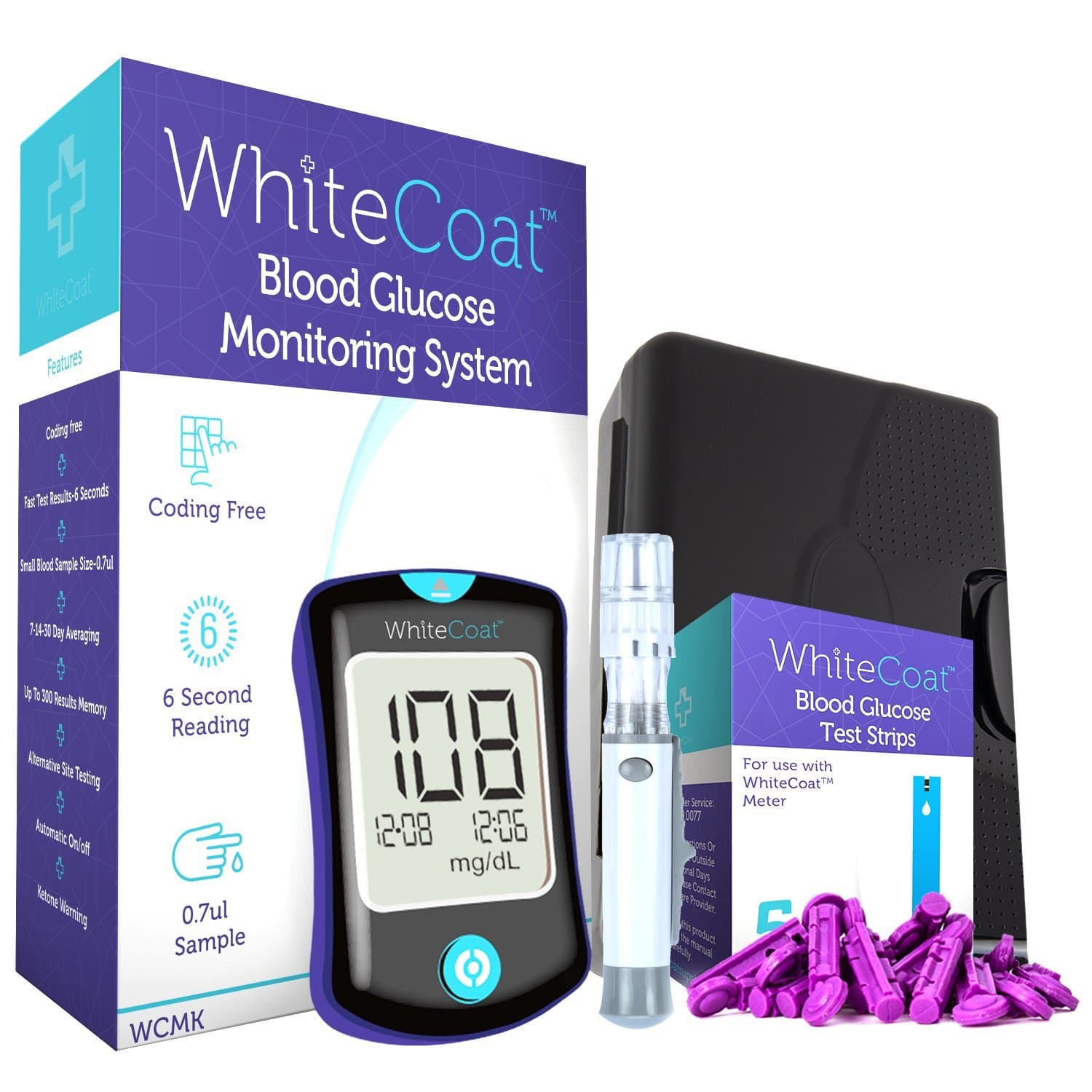 White Coat Diabetes Blood Glucose Testing Kit - Blood Glucose Meter, 50 Test Strips, Lancing Device, 10 Lancets, Protective Carrying Case