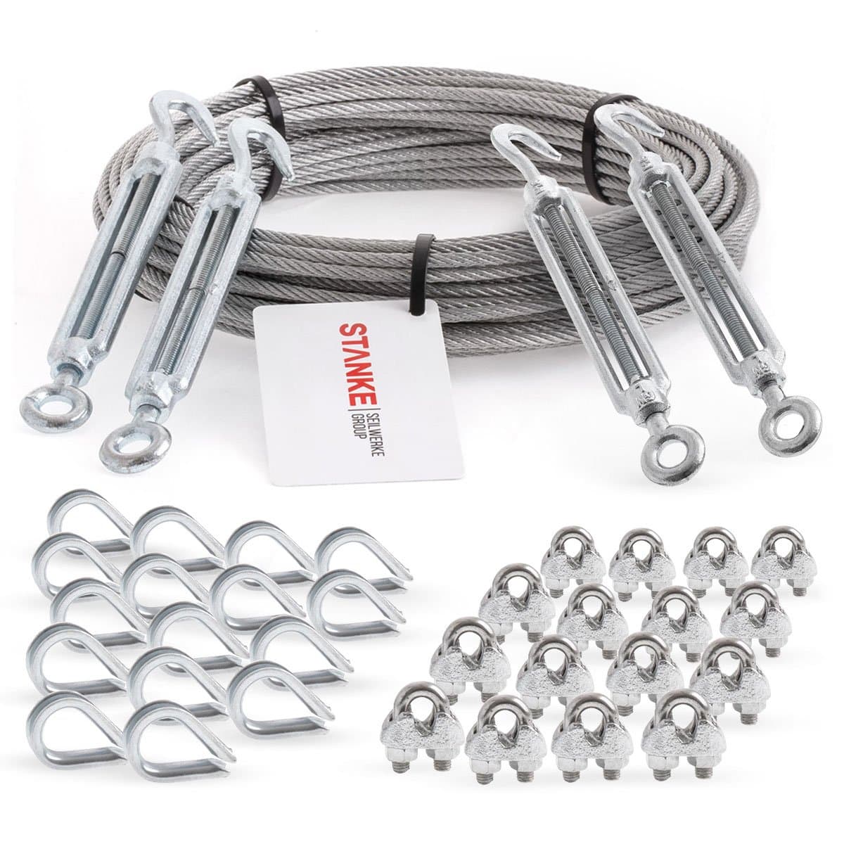 Stanke cable system, climbing support, galvanised steel wire rope, 3 mm 6x7, 4x tension lock M5 hook + loop, 16x cable, 16x bracket form clamp, set 6