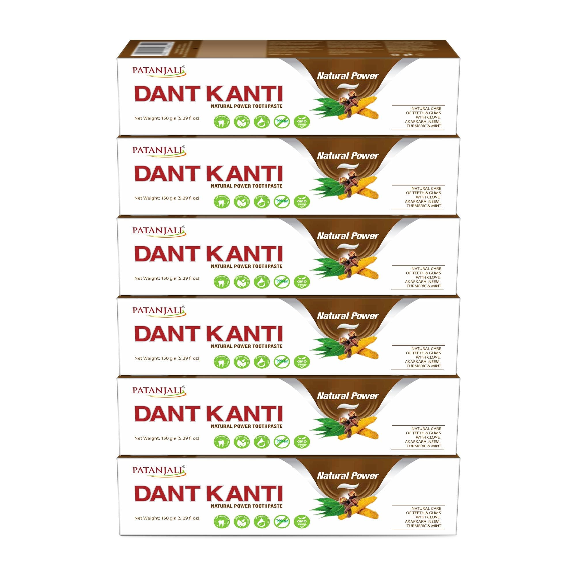 Patanjali Dant Kanti Natural Toothpaste 150 g / 5.29 fl oz – Herbal Ayurvedic Fluoride‑Free Toothpaste for Strong Teeth & Healthy Gums – Fresh Herbal Flavor - (Pack of 6)
