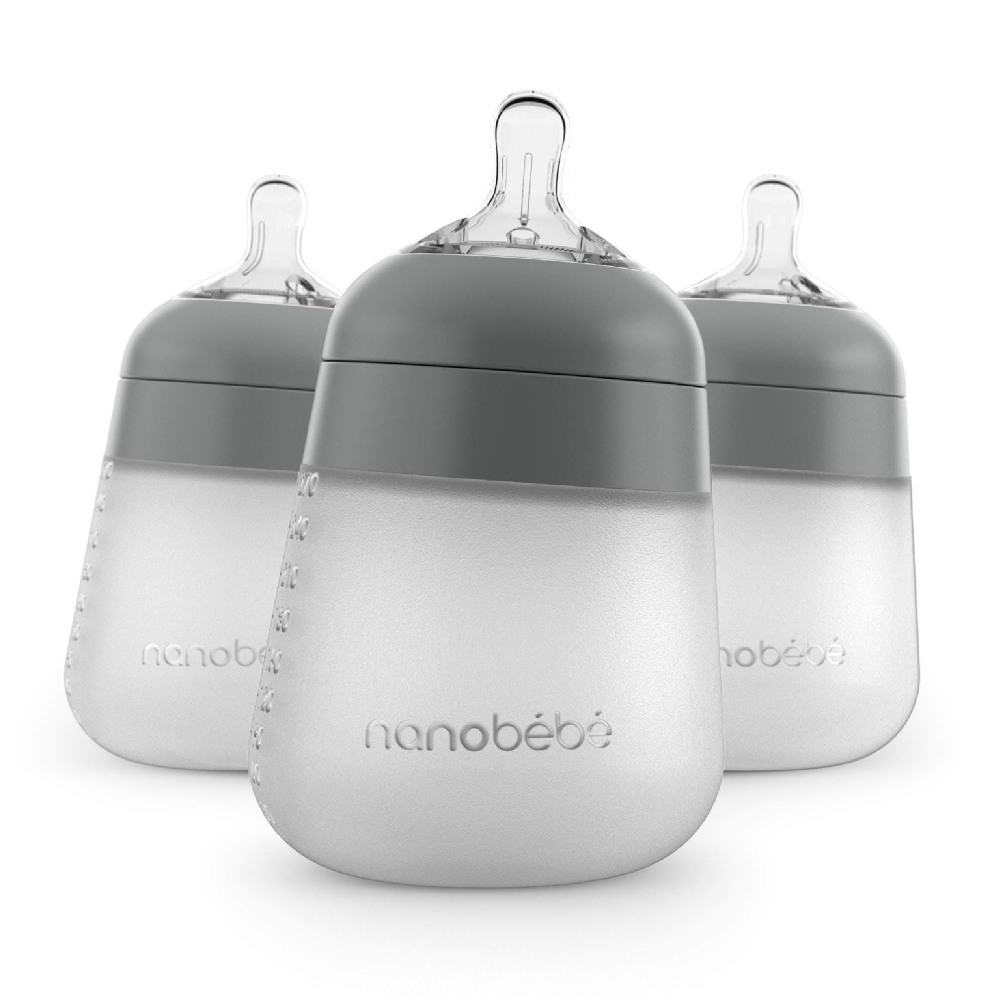 Nanobebe Flexy Silicone Baby Bottle, Anti-Colic, Natural Feel, Non-Collapsing Nipple, Non-Tip Stable Base, Easy to Clean, 3-Pack, Gray, 9oz/ 270 ml