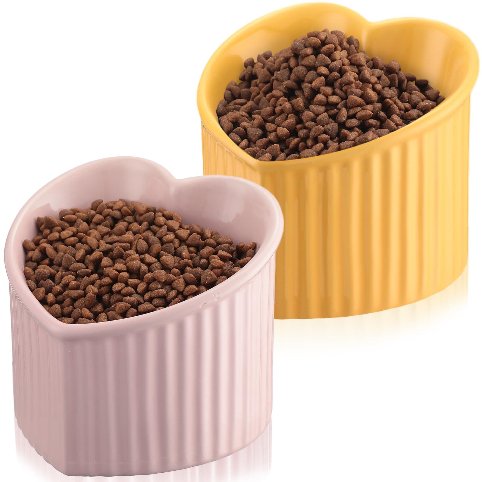 Mumufy 2 Pcs Ceramic Elevated Cat Bowls Tilted Elevated Raised Cat Bowls Anti Vomit Cat Bowls for Indoor Cats Stress Free Water Dish Feeder for Cats Puppies, Heart Shaped(Pink, Yellow)