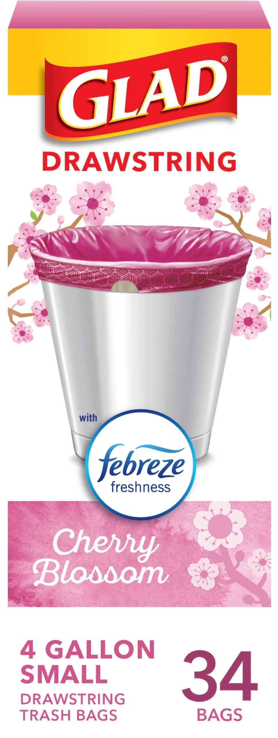 Glad OdorShield Small Drawstring Trash Bags, 4 Gallon Trash Bag, Febreze Cherry Blossom, 34 Count (Package May Vary)