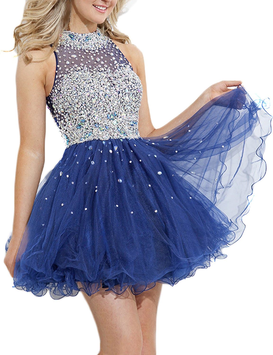 Women's Short Prom Dresses A Line High Neck Tulle Homecoming Dresses Size 2 US Dark Royal Blue