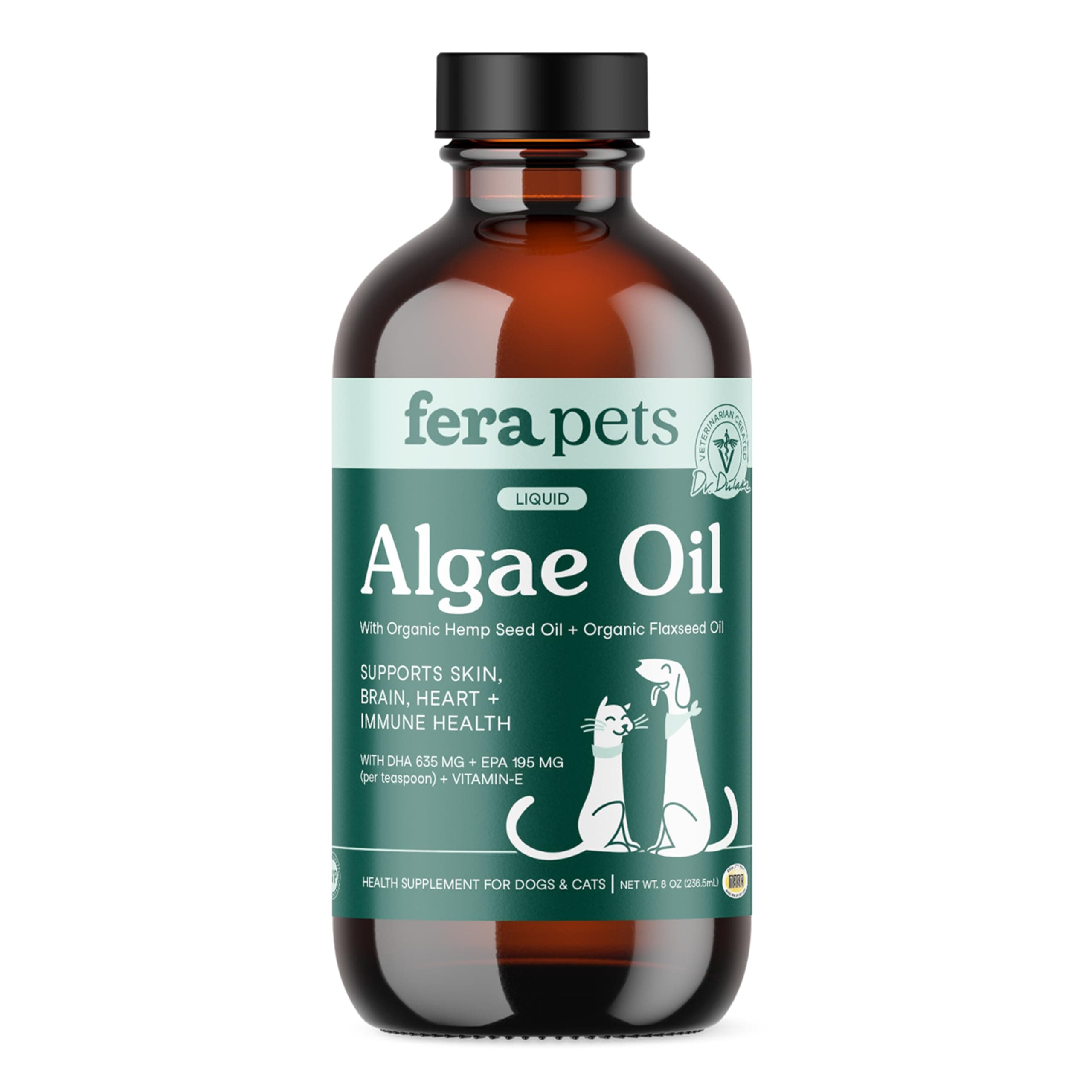 Fera Pets Algae Oil - Cats & Dogs Omega 3 Oil - Vegan - Immune, Heart, Brain, Skin and Coat Support - Includes Vitamin E, Organic Hemp Seed & Flaxseed Oil - 100% Plant Based Omega-3s - 8 oz