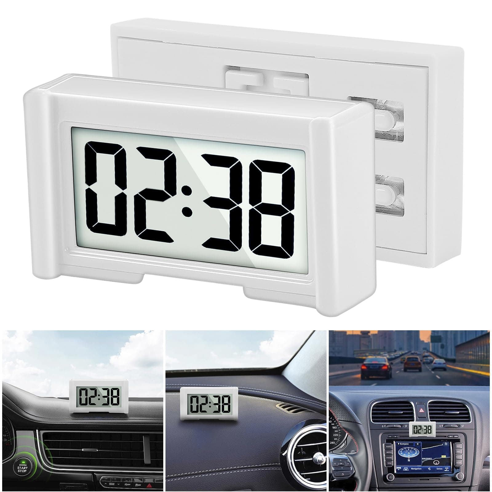 YOUNGFLY Small Digital Clock, Vehicle Adhesive Clock with Jumbo LCD Time & Day Display, Mini Car Dashboard Clock Battery Operated for Desktop Car Truck Dashboard & Air Vent (White)