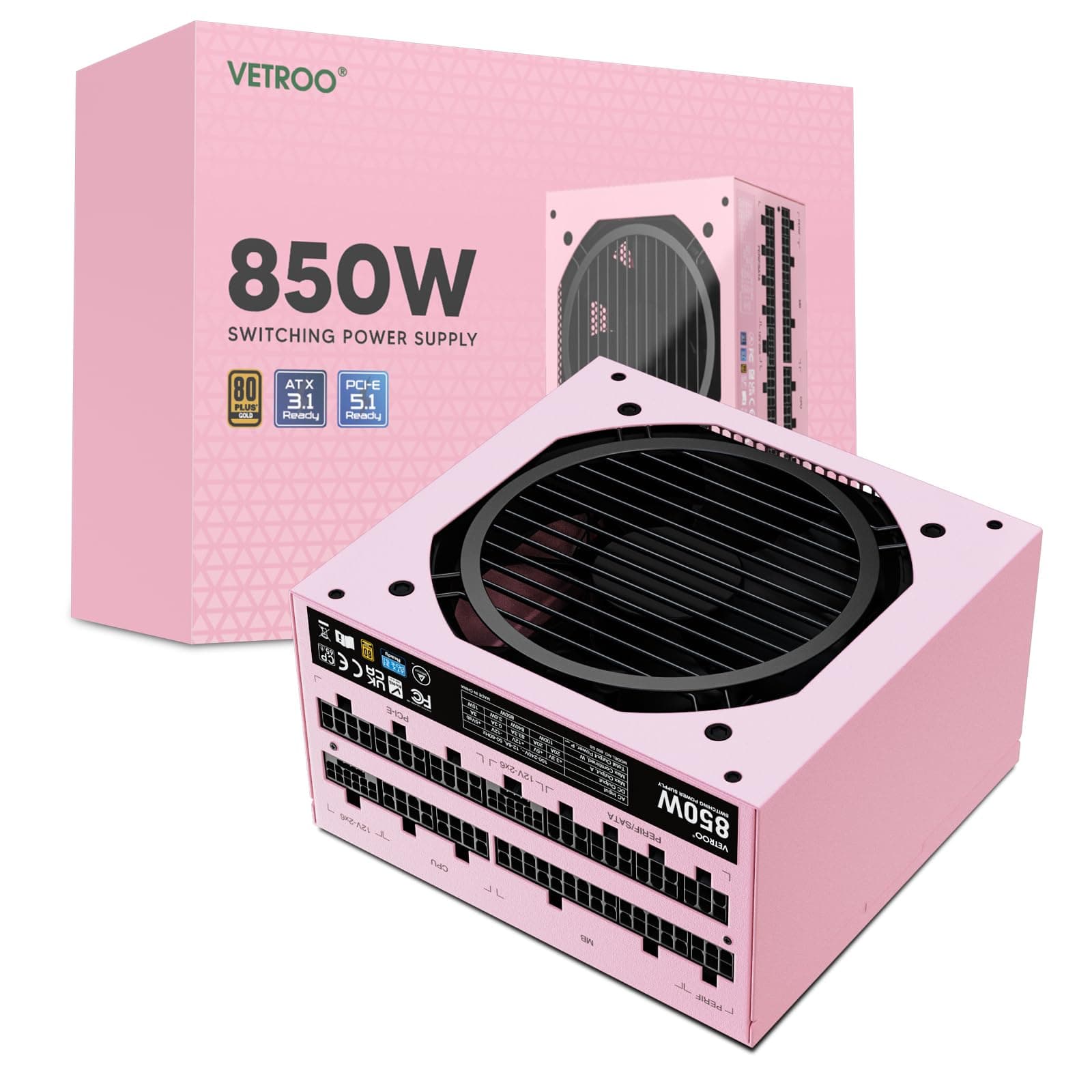 - 850W Power Supply Dual PCIe 5.1 ATX 3.1 Ready, 80 Plus Gold Full Modular, Quiet Operation with 120mm FDB Fan, 10-Year Warranty -Pink
