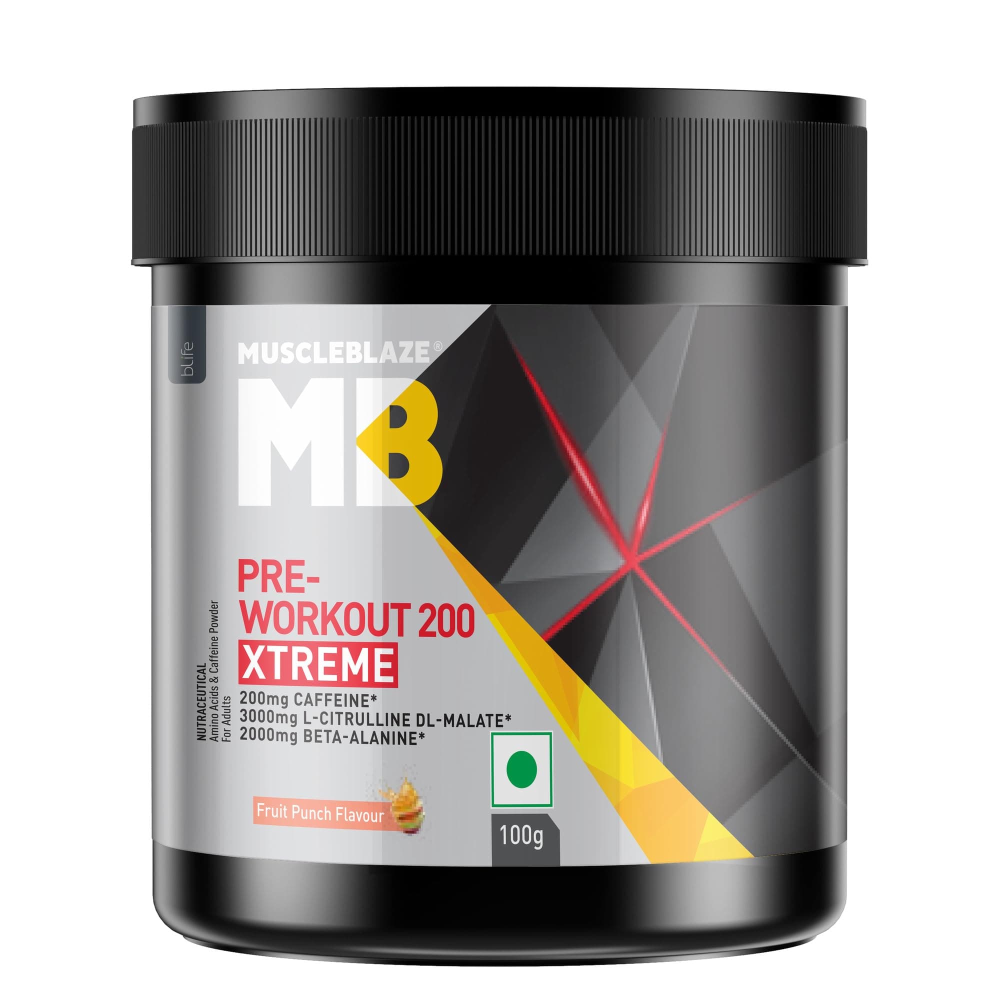 MuscleBlaze Pre Workout 200 Xtreme (Fruit Punch, 15 Servings, 100g) | 200mg Caffeine, 200mg Theanine, 2000mg Beta Alanine, 3000mg Citrulline, Powder