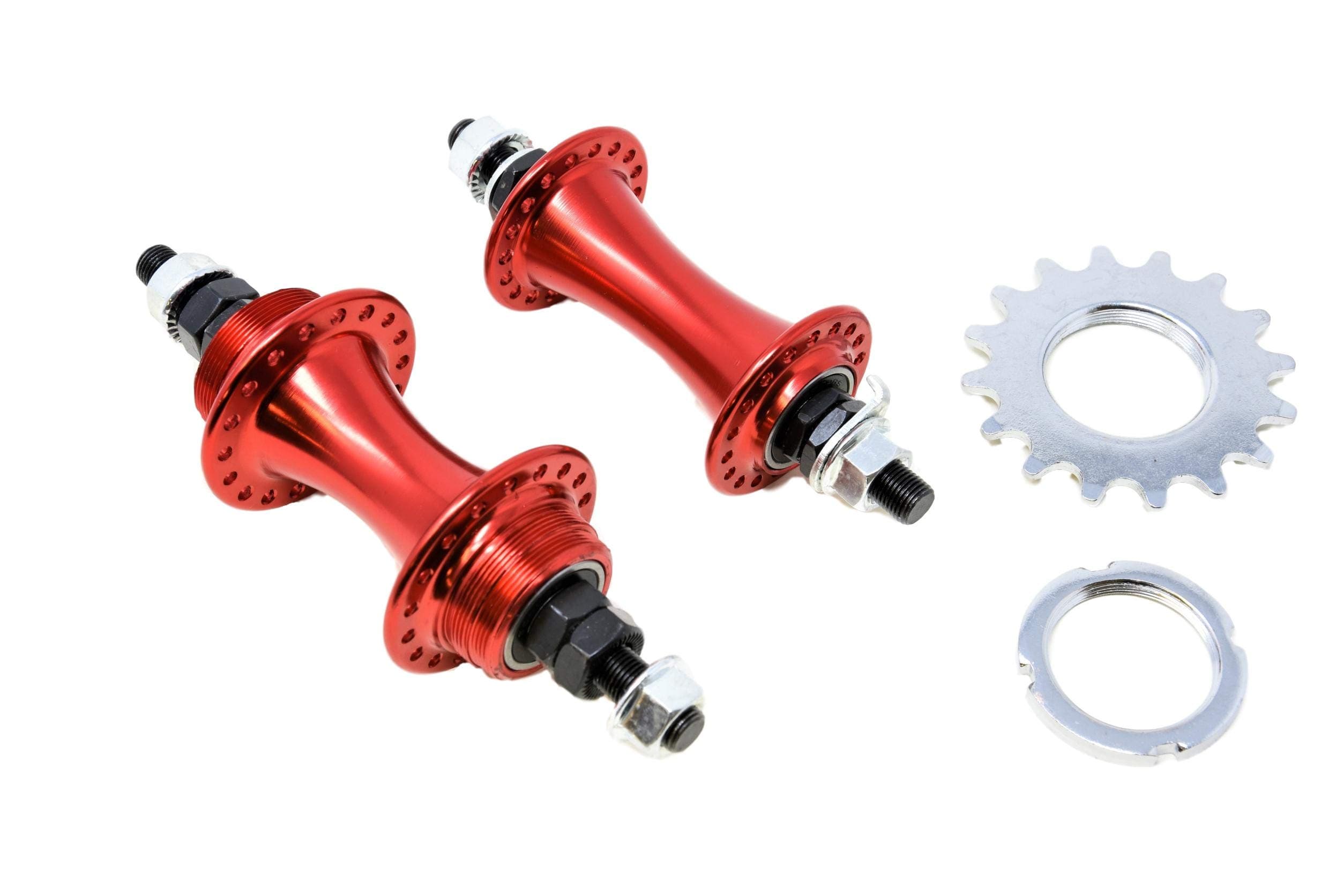 PAIR RED FLIP FLOP HUBS FOR FIXIE BIKE FRONT & REAR ALLOY WITH SEALED BEARINGS COMPLETE WITH FIXED COG & LOCKRING