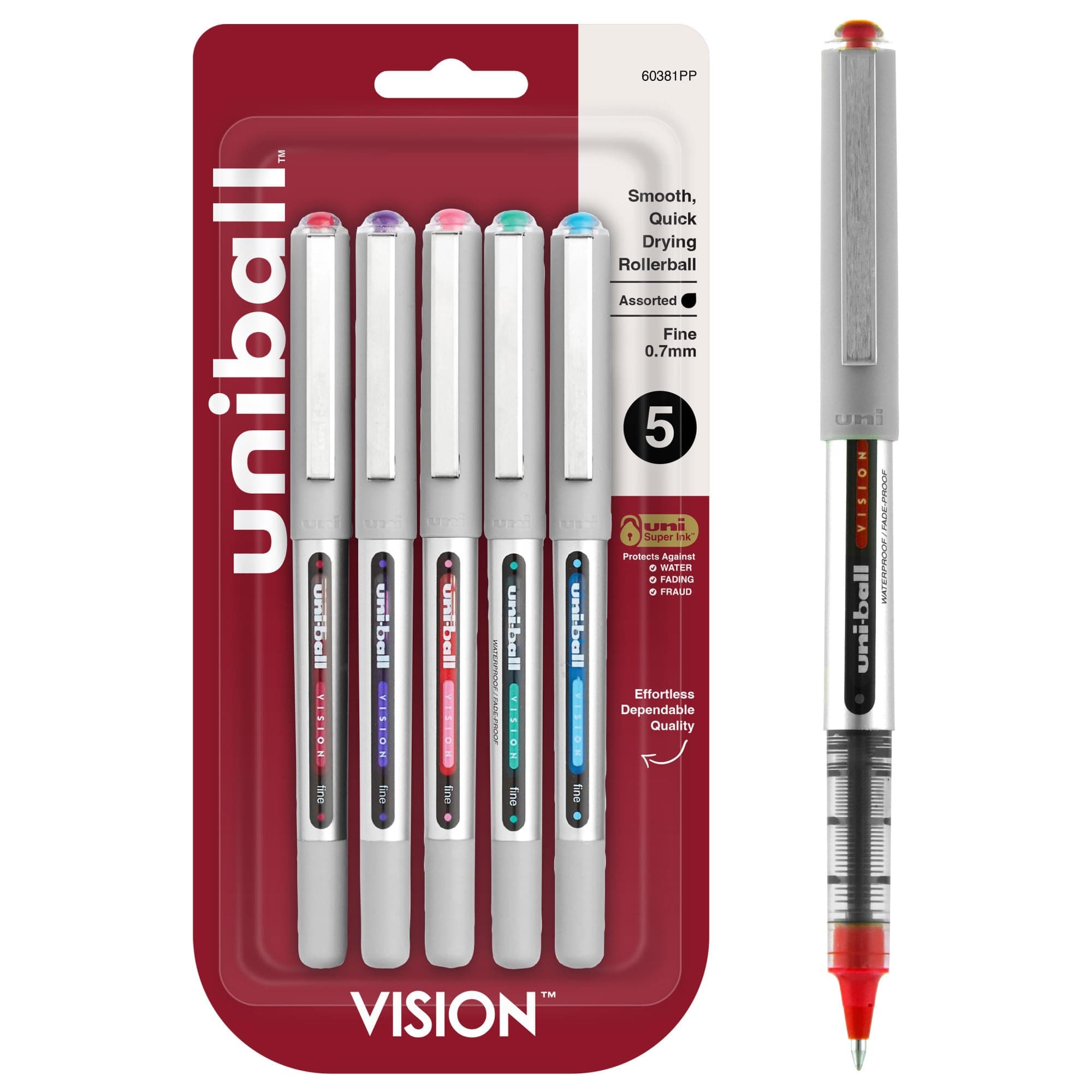 Uni-Ball 60381PP Vision Rollerball Pens, Fine Point (0.7mm), Fashion Colors, 5 Count