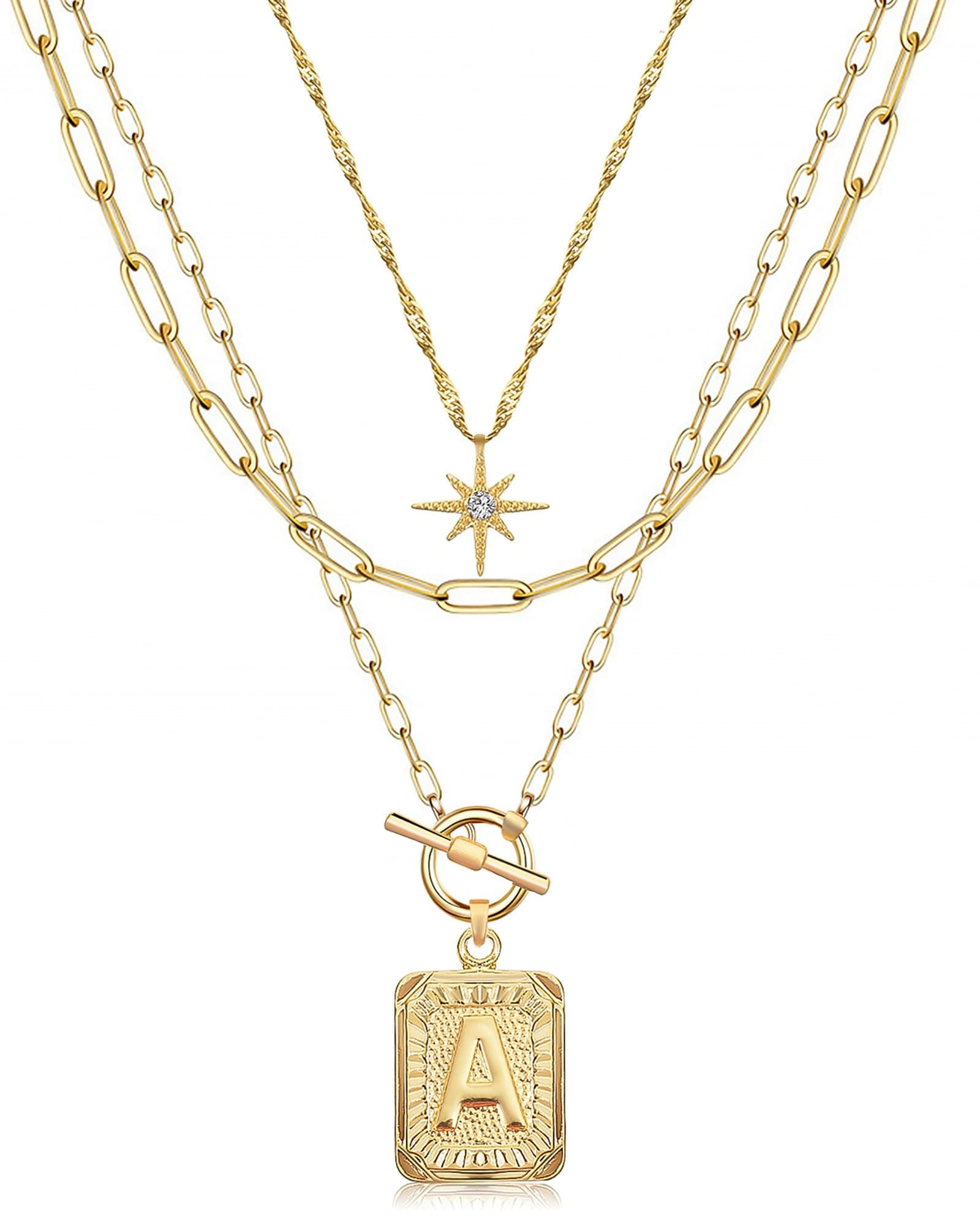 Layered Initial Necklaces for Women Trendy, 14K Gold Plated Brass Simple Star Choker Square Letter Pendant Necklace, Paperclip Chain Necklaces Jewelry Gifts