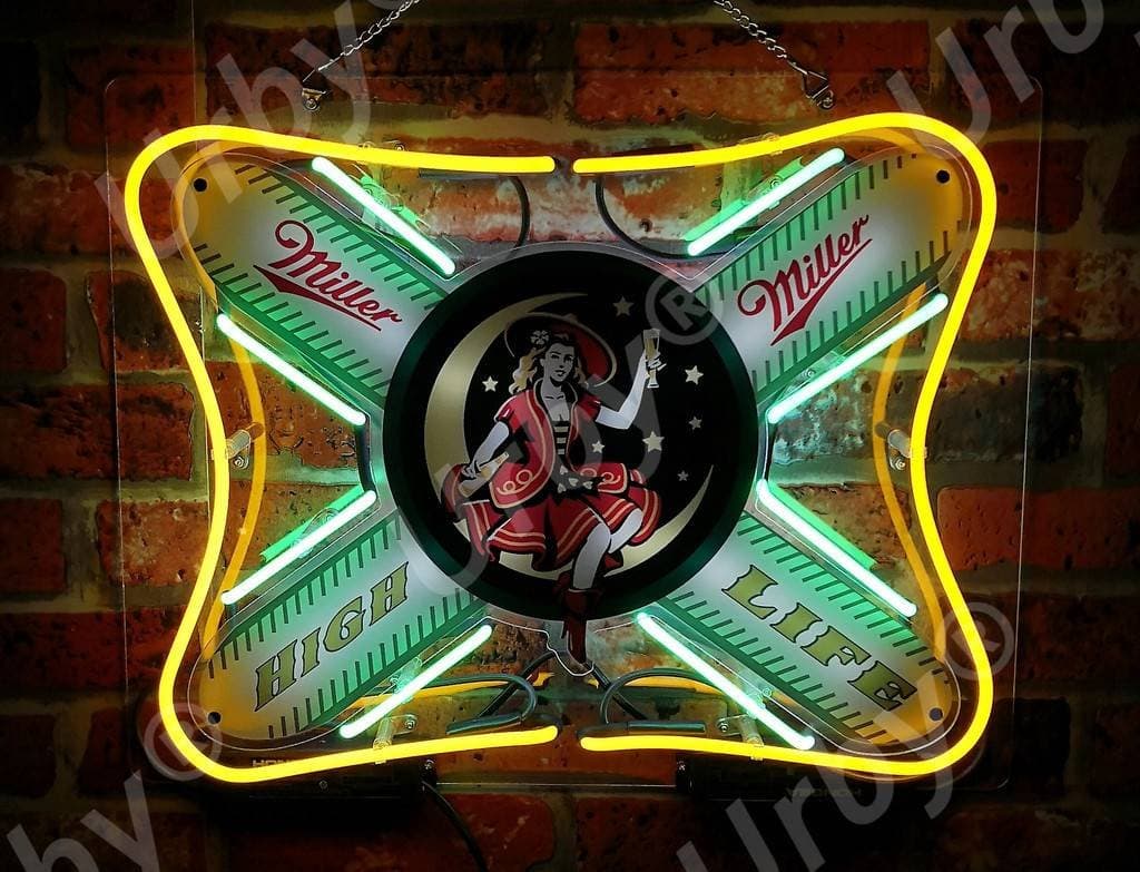 Urby Brand New 19" Miller High Life Girl Neon Sign Acrylic Panel Beer Bar Pub Man Cave Business Glass Neon Lamp Light FE01