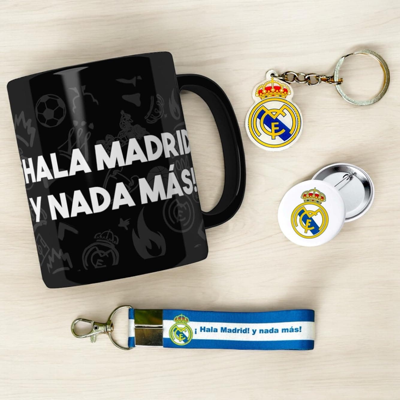 SINCE 7 STORE REAL MADRID Combo Gift box for REAL MADRID Fans, 4 products: REAL MADRID Mug, One MDF Keychain, One Keychain Lanyard & one REAL MADRID badge.
