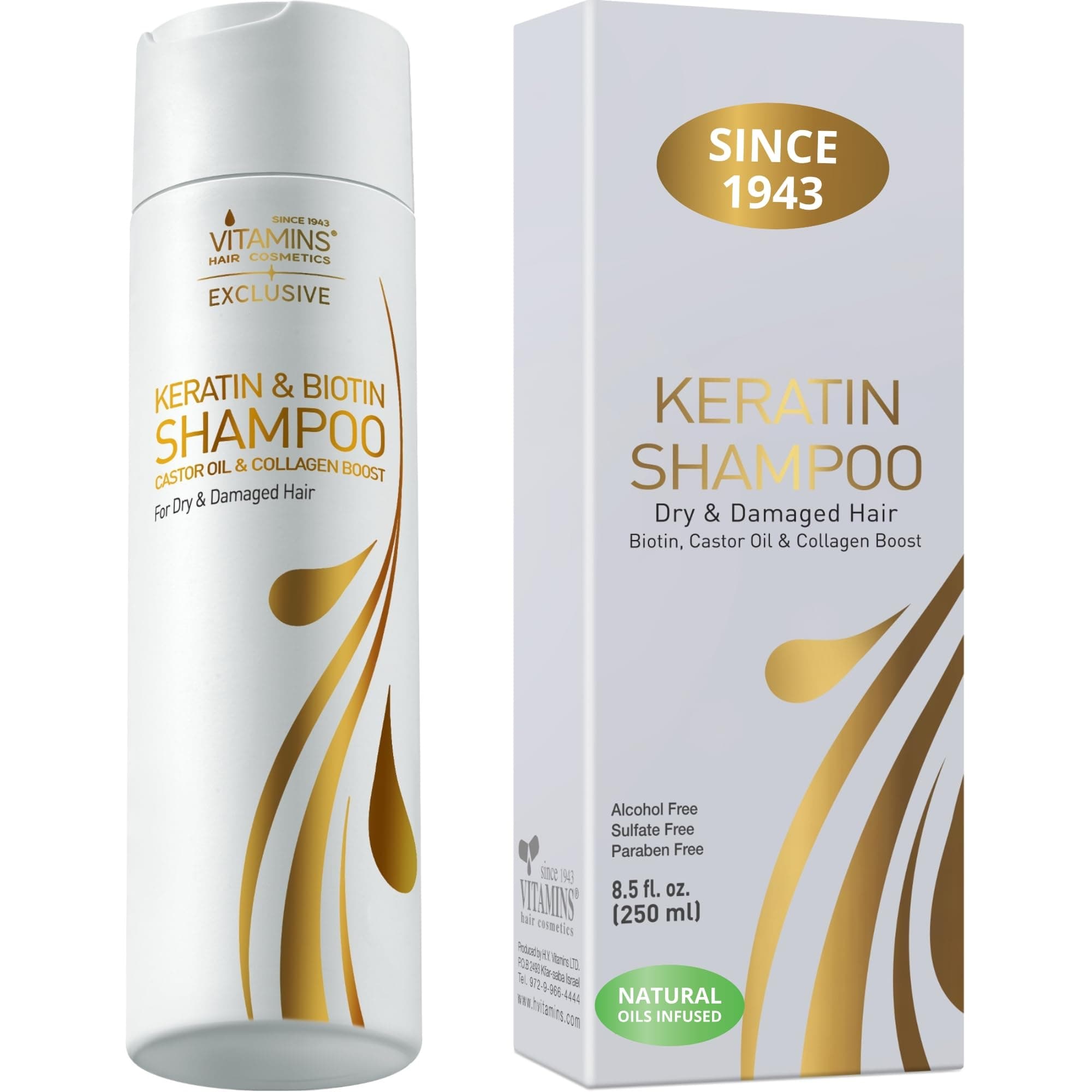 VITAMINS hair cosmetics Keratin Shampoo for Dry Hair - Paraben & Sulfate Free Shampoo for Damaged Hair with Biotin & Collagen - Castor Oil & Protein Repair Treatment - 250 Ml