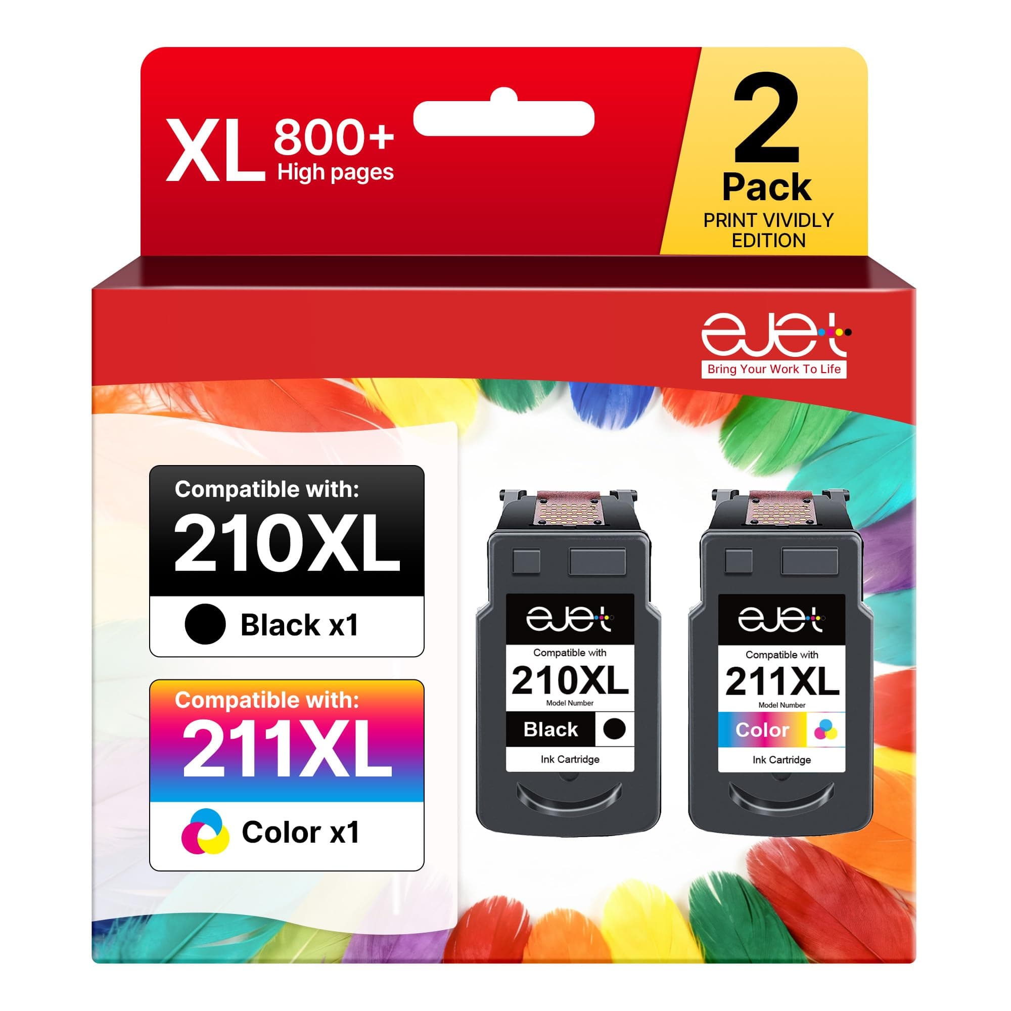ejet Remanufactured 210XL and 211XL Ink Cartridges Replacement for Canon 210XL 211XL Combo for PIXMA iP2702 MP230 MP240 MP250 MP280 MP480 MP490 MP495 MX320 MX330 MX340 Printer (1 Black, 1 tri-Color)