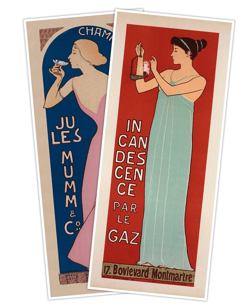 Set of Two (2) Art Prints - Champagne Jules Mumm & Incandescence par le GAZ by Maurice Réalier-Dumas Circa 1896 - Both Measure 24" high x 10" Wide (610mm high x 254mm Wide)