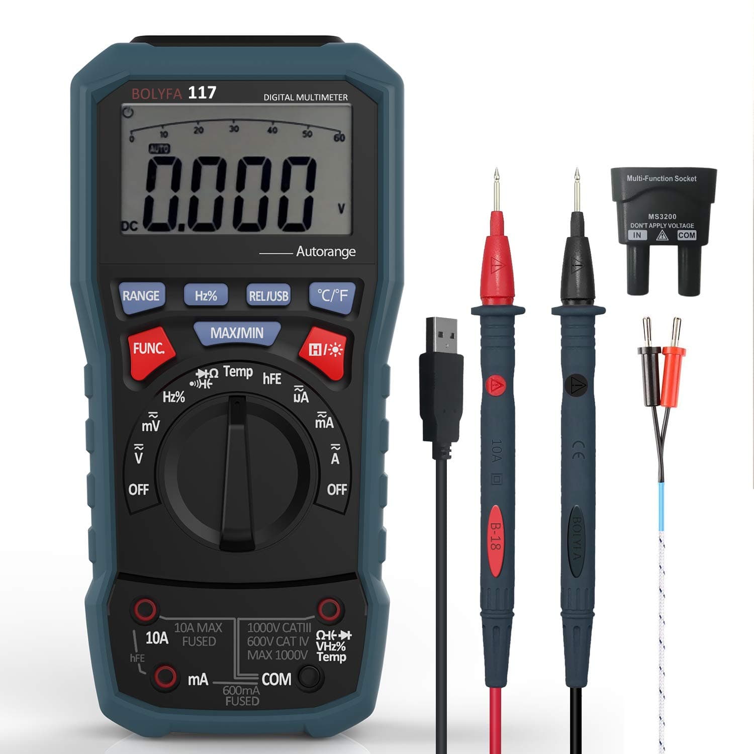 Digital Multimeter, BOLYFA Advanced TRMS Auto Ranging Multimeter USB;Ammeter;Voltmeter;Ohmmeter;Current/Resistance/Capacitance/Frequency/Diodes/Transistors/Temperature/Continuity/LCD Backlight