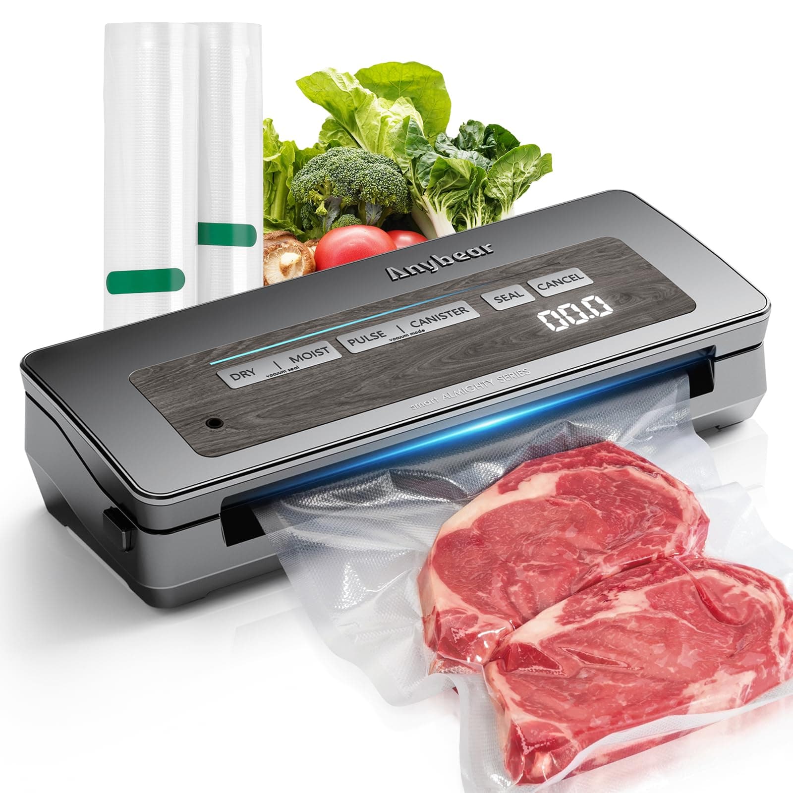 Anybear Vacuum Sealer Machine, 90kPa 120W Sealing Width All in 1, Powerful Food Storage, Built-in Cutter | Bag Storage, Digital Account Display