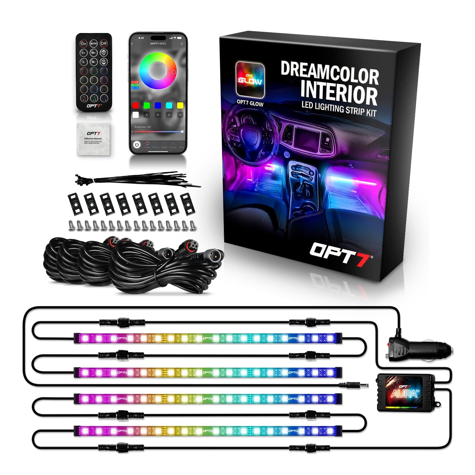OPT7 Aura DreamColor RGB-IC LED Car Interior Light Strips, 4PC Interior Ambient Lighting Kit with APP & Remote Control, 12V Color Chasing Lights Universal for SUV Trucks Pickups Van, Easter Gifts