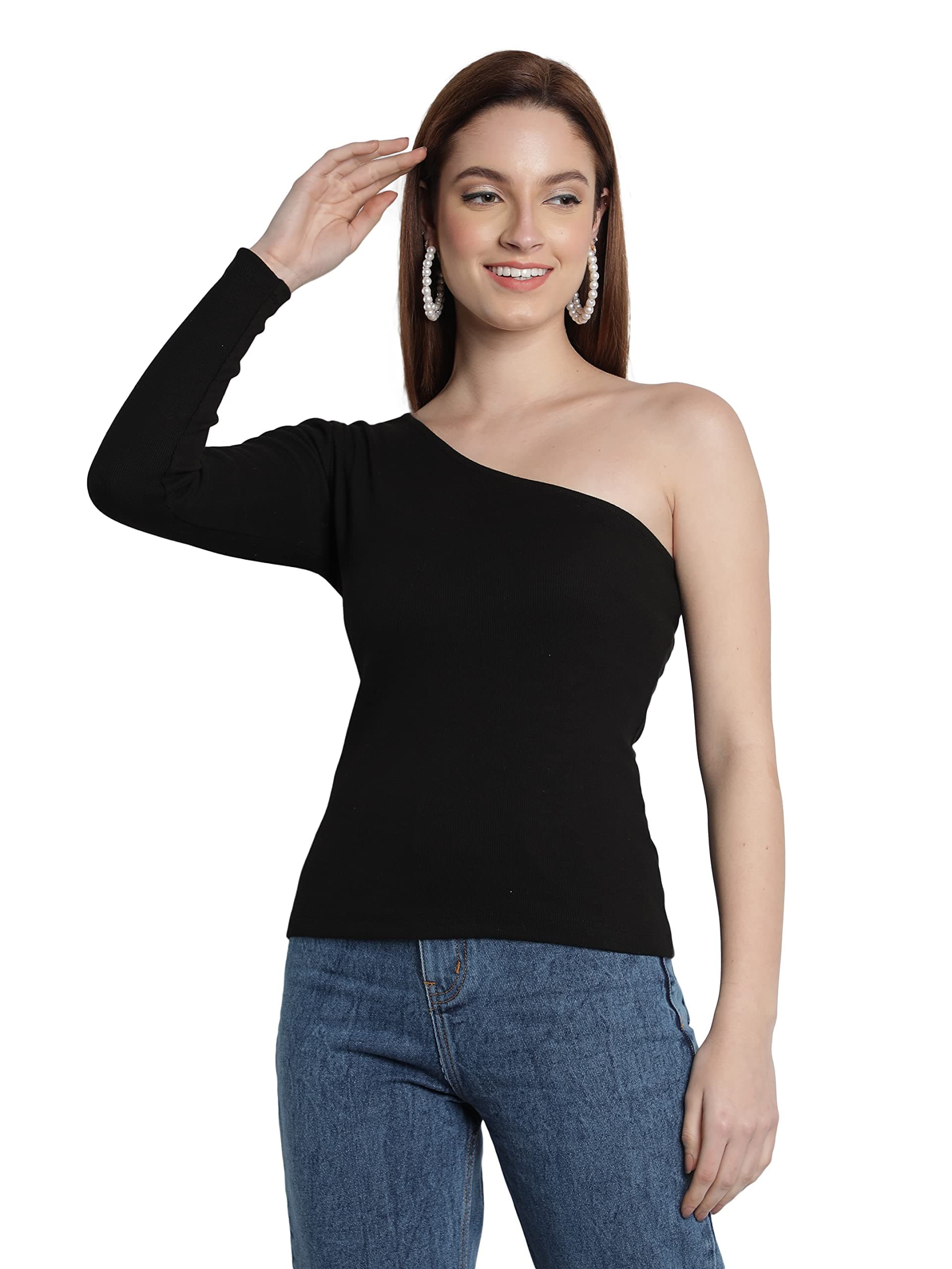 SAAVAWomen's Cotton Lycra One Side Off Shoulder Top, Latest and Stylish Solid Top (Black)
