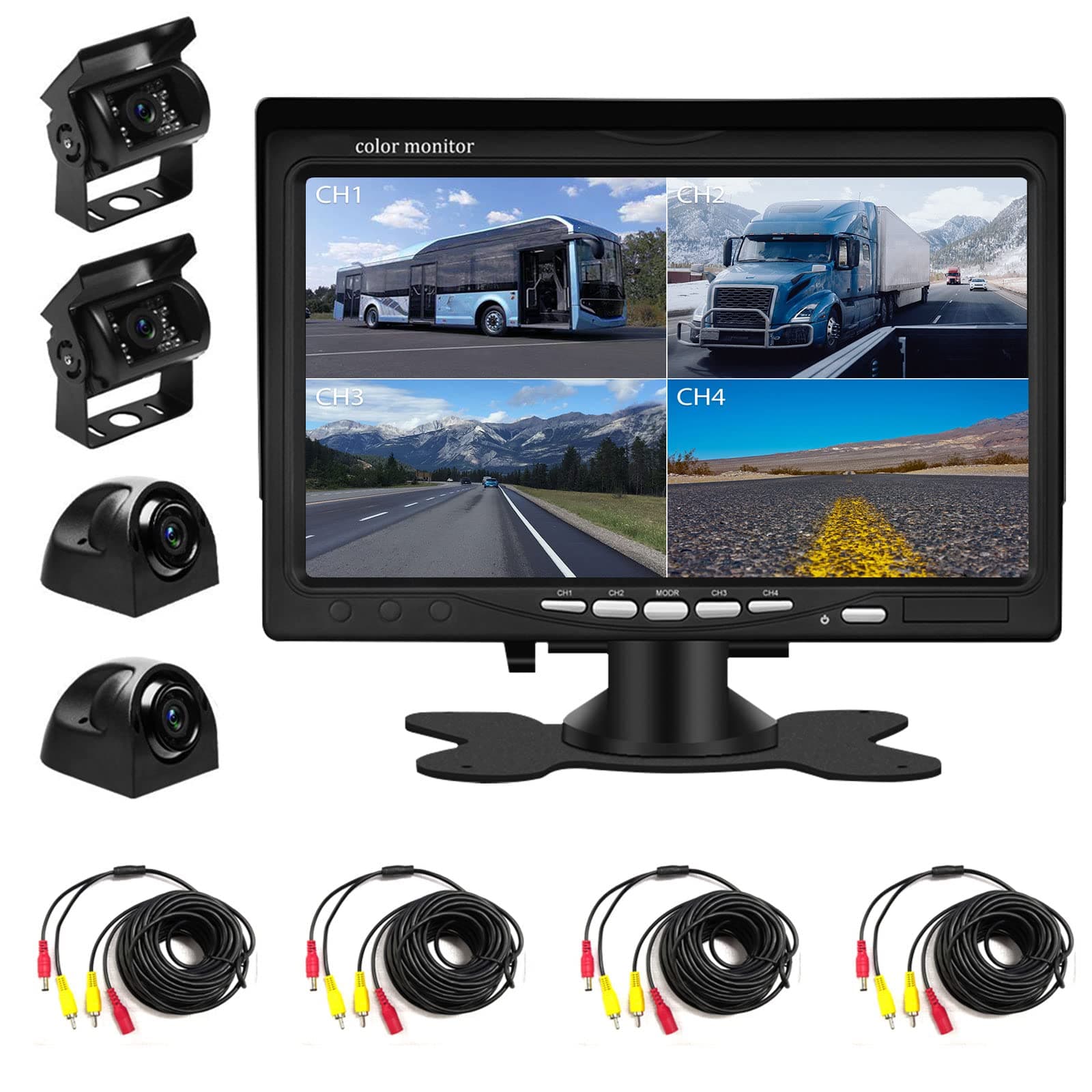 Backup Camera Kit 7 inch 4-Spilt Monitor Rear View Cameras with IP 67 Waterproof 18 IR Night Vision Car Camera for Tucks, RVs,Trailers,Bus,Vans + 4pcs 10m/393.7inch Cables