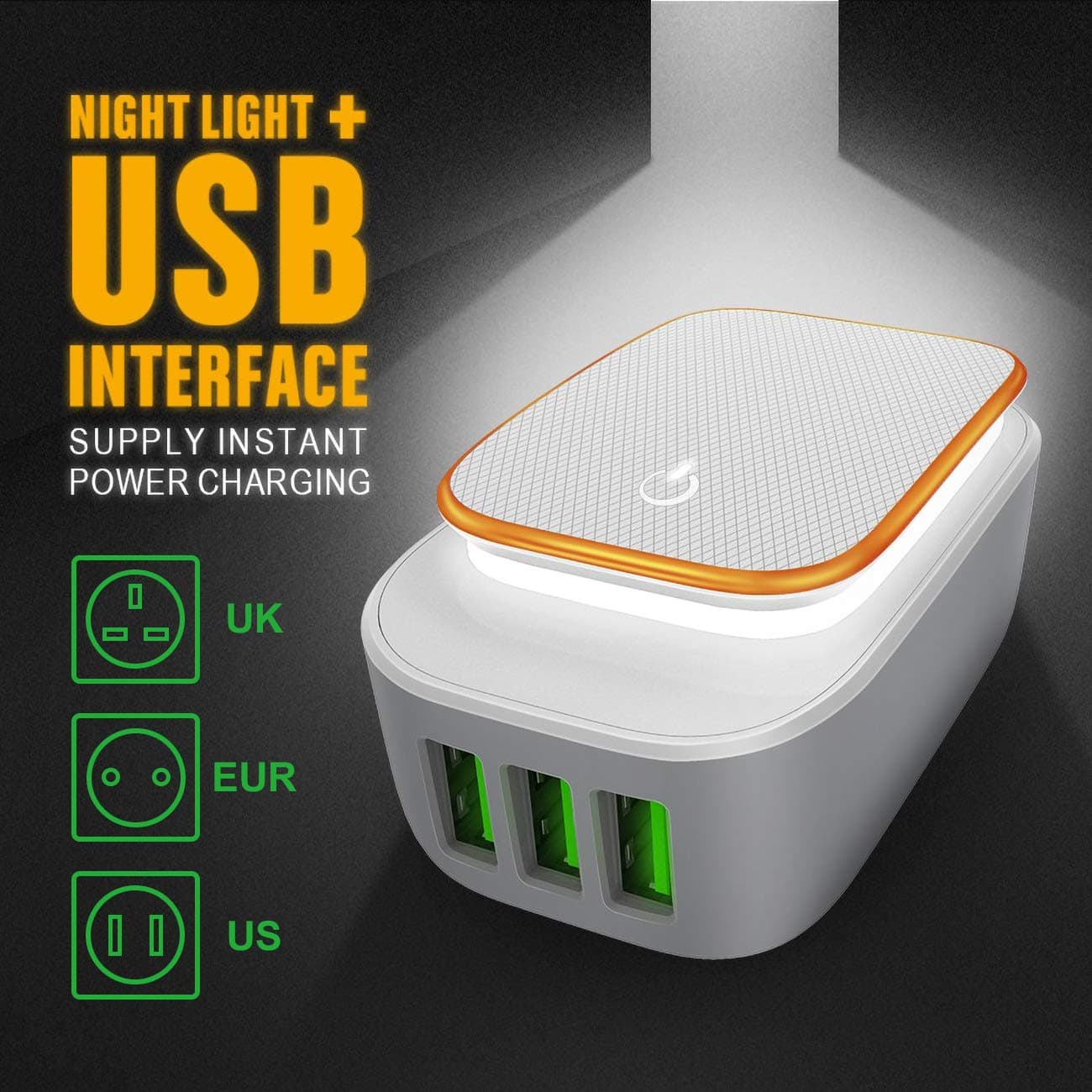 USB Wall Charger with 3-Ports,Touch Control Power Adapter Charger Station with Soft LED Baby Night Light with Interchangeable UK and EU Travel Charger Adapter for Phone,Pad,Tablets and More