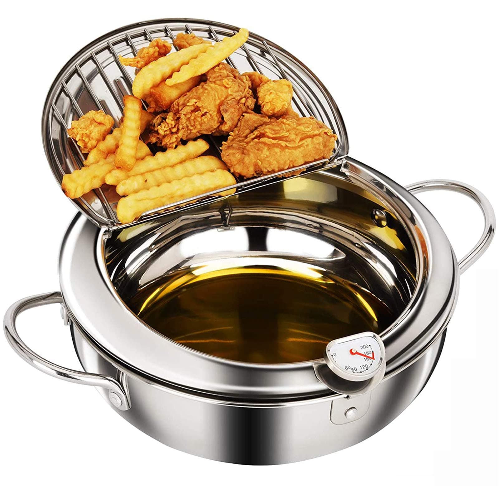Deep Fryer Pot,304 Stainless Steel Tempura Frying Pot With Thermometer And Oil Drip Drainer Rack Lid for Turkey Legs, Chicken Wings, French Fries (Siver)