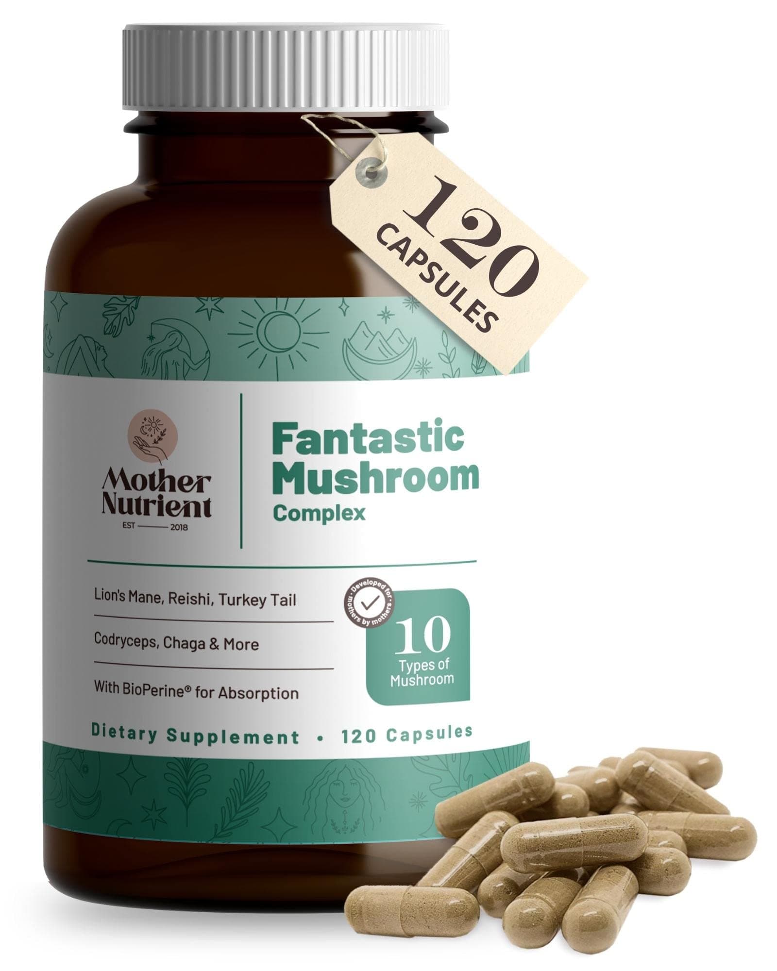 Mother Nutrient Mushroom Supplement Capsules with Pure Mushroom Extract Reishi, Chaga, Cordyceps, Shiitake and Lions Mane Mushroom Supplement Blend — 40-Day Supply (120 Capsules)