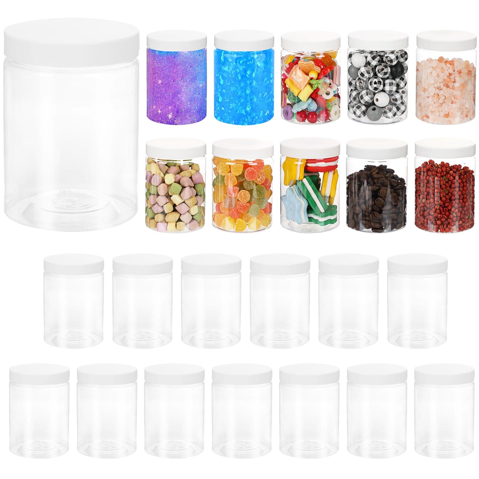 Habbi 24 Pack 8oz Plastic Jars with White Lids Clear Bottle Container for Dry Food, Cream, Slime Making, Candy, Beads, Art Crafts, Lotion, BPA Free