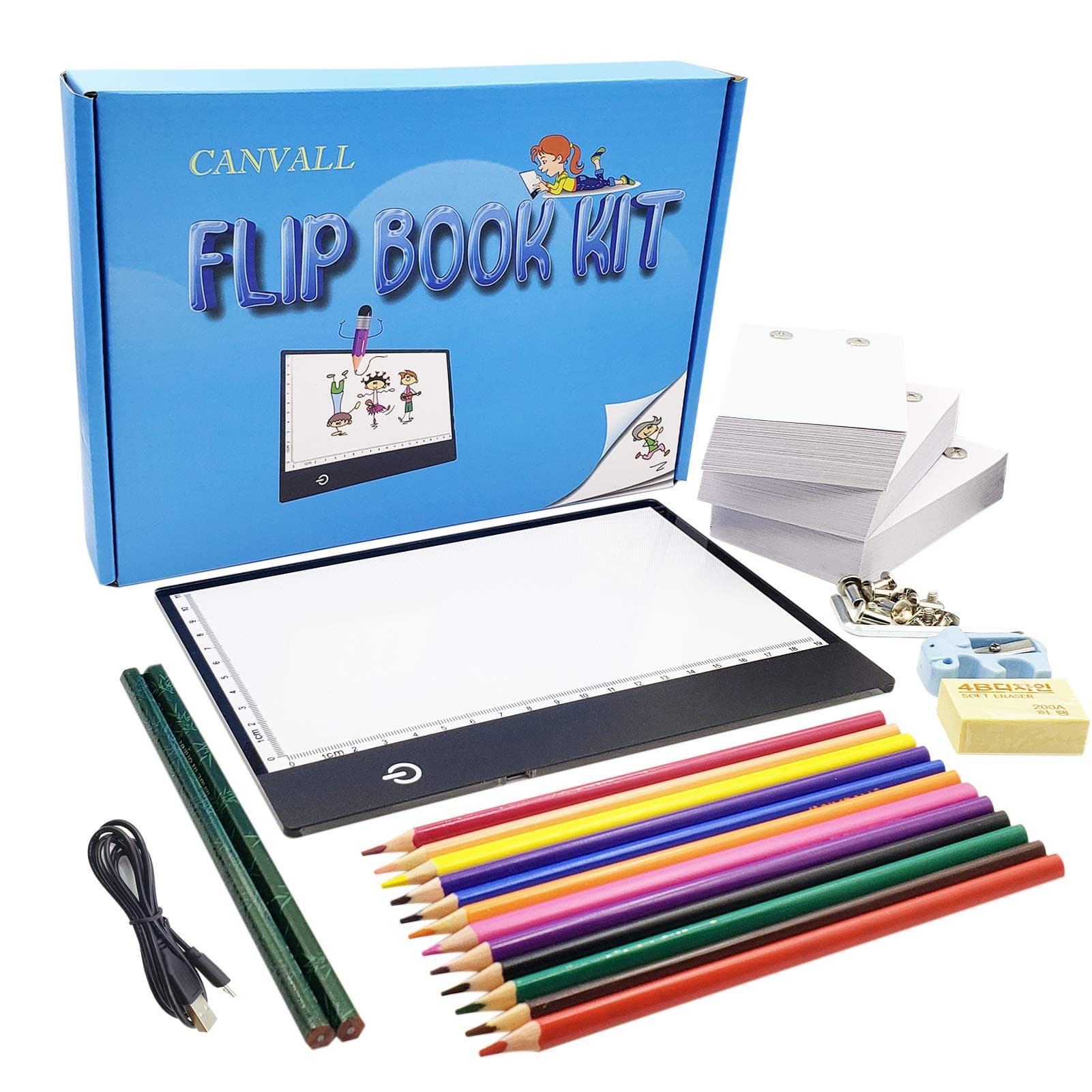 Canvall Flipbook Set for Drawing and Tracing Animation, A5 LED Light Box, 540 Pages, Loose Leaf Animation Paper, 2HB +12 Color Drawing Pencils, Sharpener, Eraser and Driver