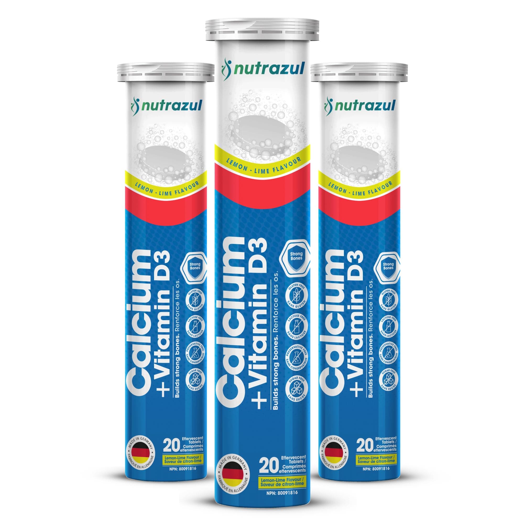 Calcium + Vitamin D3 Effervescent Tablets, for Bone Health Maintenance, 500 mg Calcium and 2.5 mcg Vitamin D3, Suitable Supplements for Women & Men, Lemon-Lime Flavor, 60 Tablets