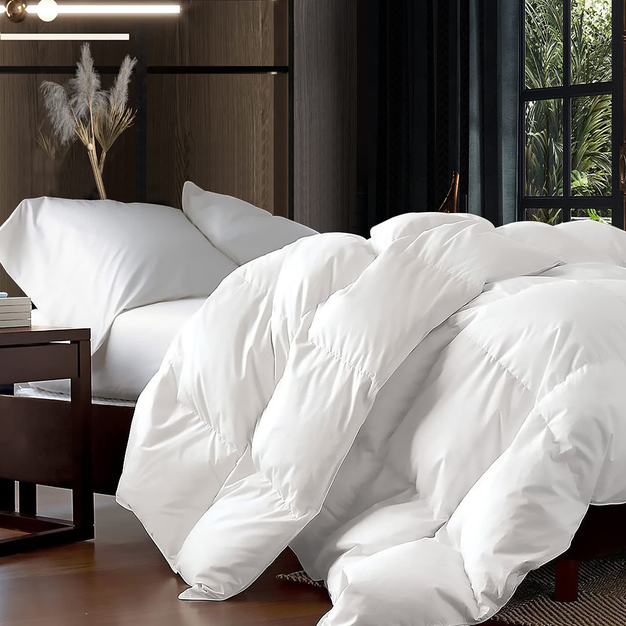 Luxurious Palatial King/Super King 120" x 98" Size Goose Down Fiber Waterfowl Feather Fiber Comforter Duvet, 100% Egyptian Cotton Cover, 80 oz. Fill Weight, Baffle Box Design, White Solid