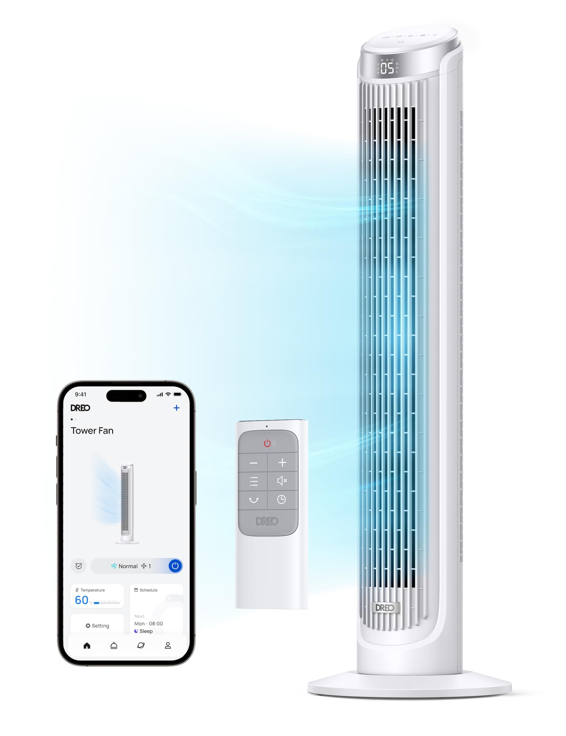 DREO Smart Tower Fan for Bedroom, Standing Fans for Indoors, 90° Oscillating, 26ft/s Velocity Quiet Floor Fan with Remote, 12H Timer, Voice Control Fans for Indoors, Compatible with Alexa