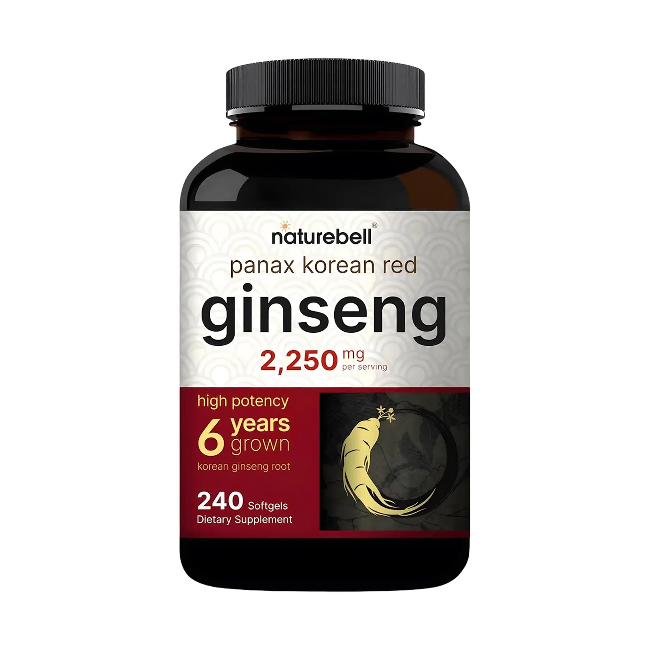 NatureBell Panax Korean Red Ginseng - 240 Softgels - 2,250mg High Strength Herbal Vitality Support* - Standardized 10% Ginsenosides from Six-Year-Old Ginseng Root - Energy & Immune Support*