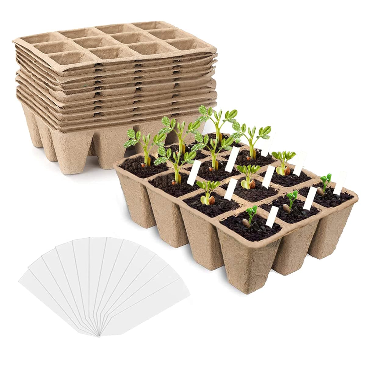 REAFOO Seed Starter Tray kit,Peat Pots for Vegetable & Flower,120Cells Biodegradable Seedling Pots Germination Trays,Organic Plant Starter Kit with 60 Pcs Plant Labels